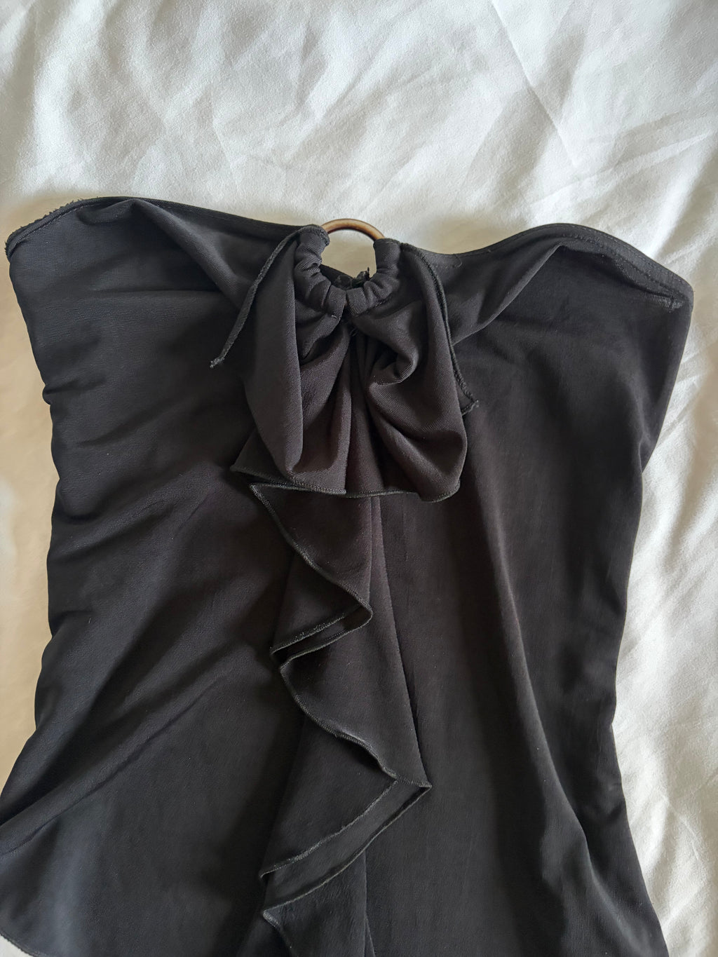 Vintage 1990s Black Waterfall Ruffle Asymmetrical Hem Bandeau Cami with O-Ring