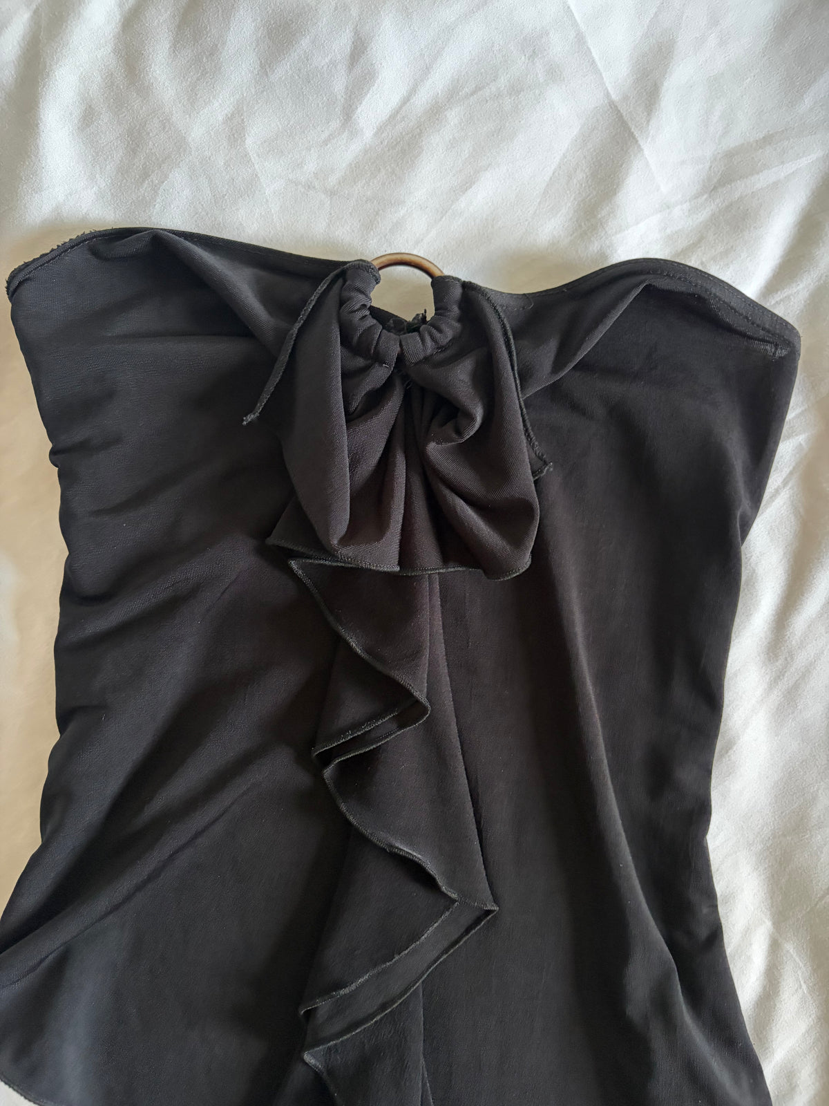 Vintage 1990s Black Waterfall Ruffle Asymmetrical Hem Bandeau Cami with O-Ring