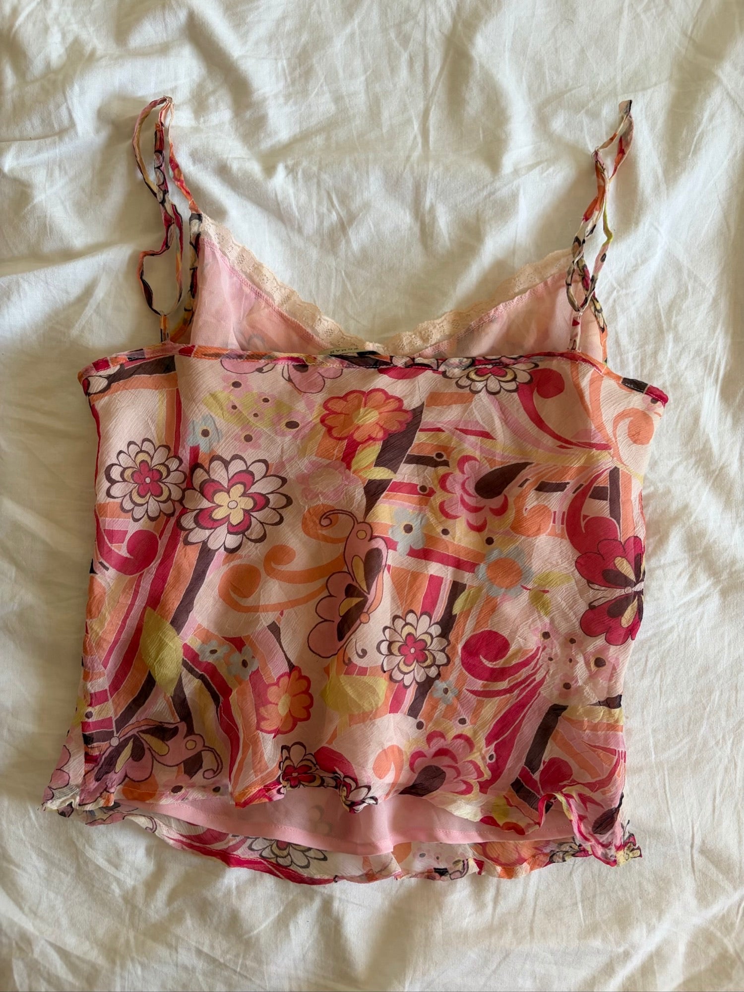 Vintage Y2K Italian silk butterfly and floral cami with lace bust