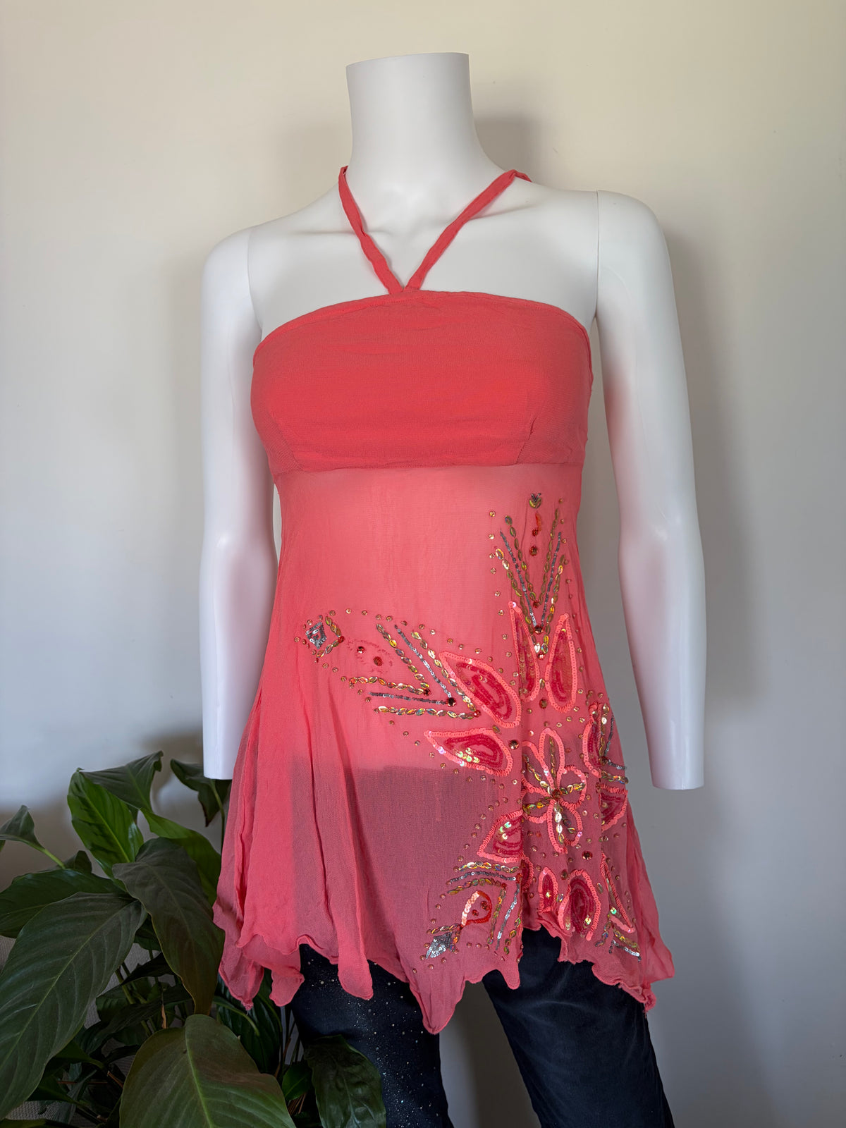 Vintage 2000s Morgan de Toi Coral Beaded Sequin Bandeau Halter