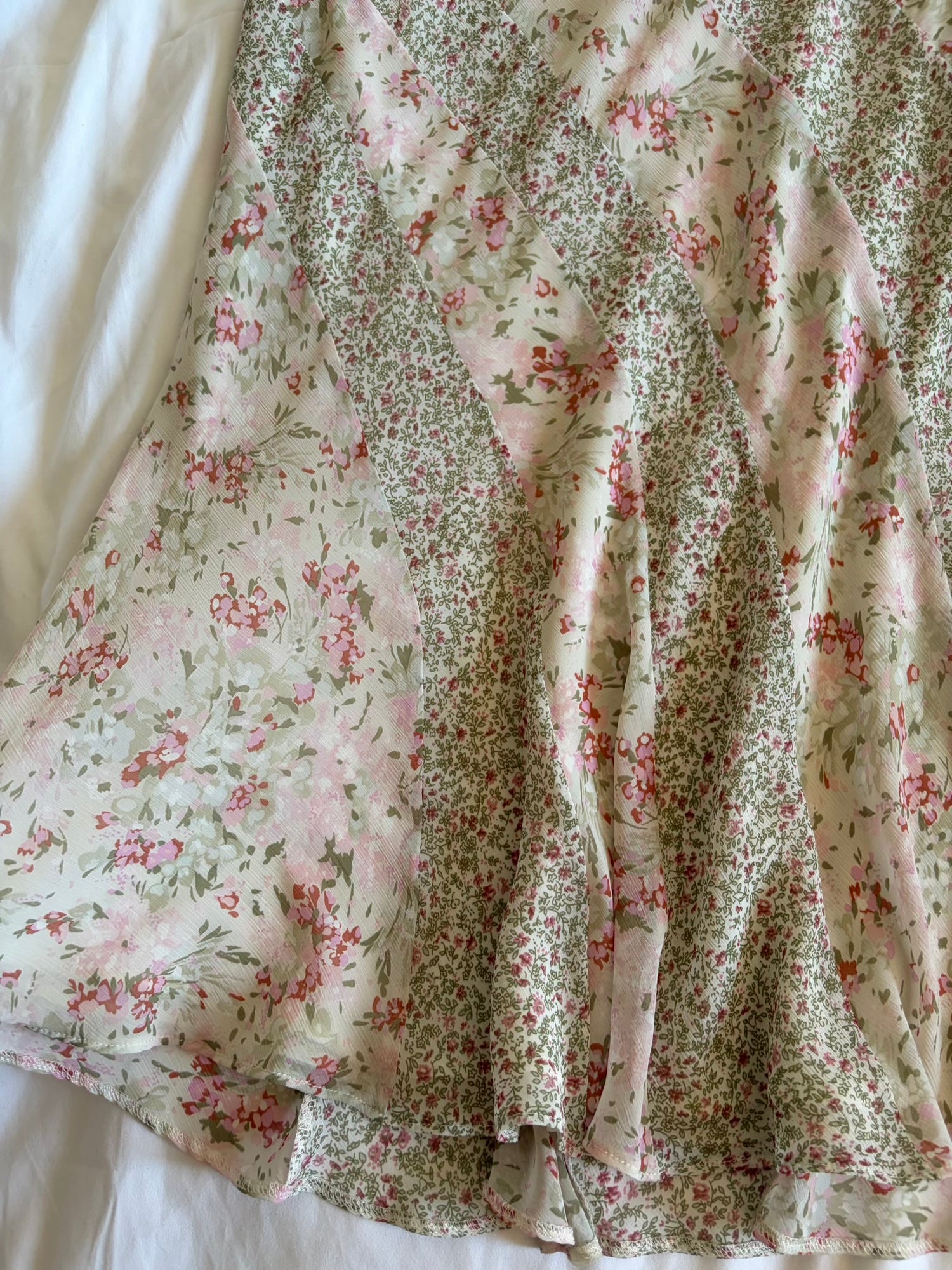 Vintage 1990s pink floral floaty midi skirt with contrast floral stripe detail