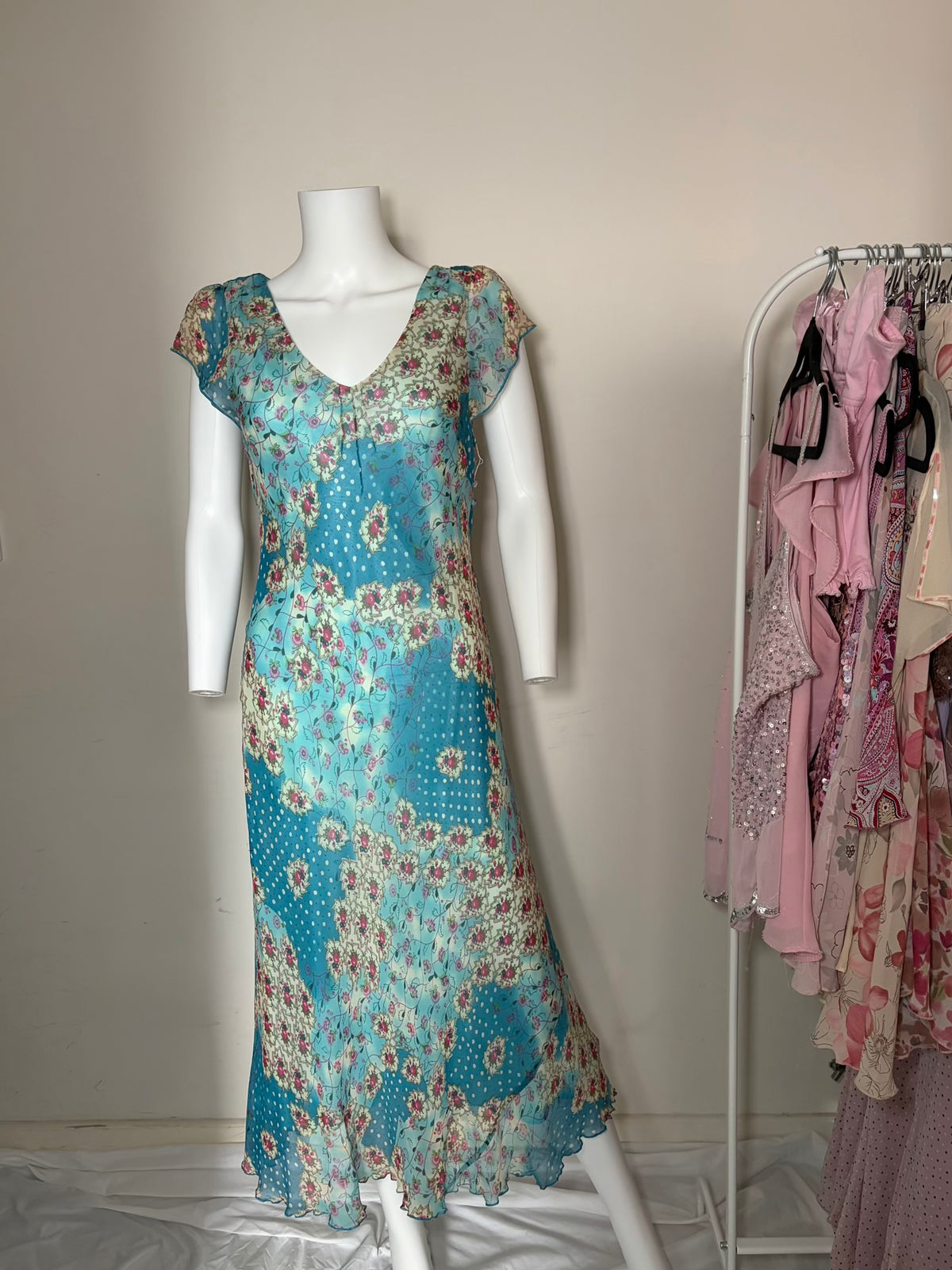 Vintage 1990s Silk Patchwork Polka Dot and Floral Floaty Dress