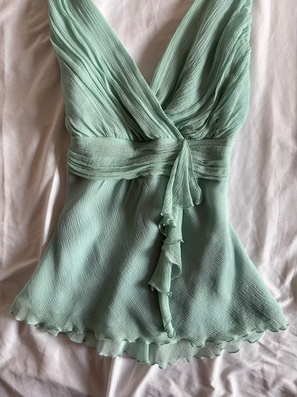 Vintage Y2K Silk Turquoise Top with Ruffle Detail