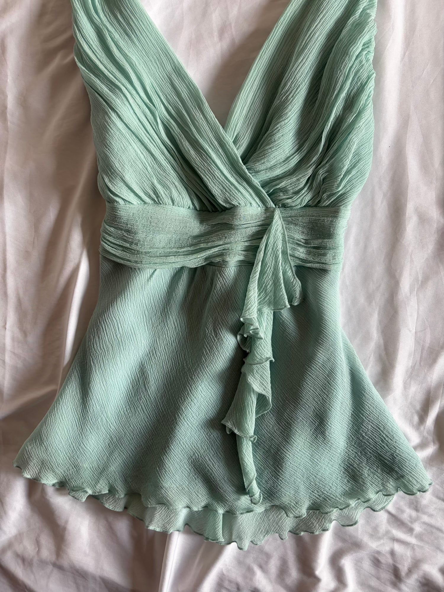Vintage Y2K Silk Turquoise Top with Ruffle Detail