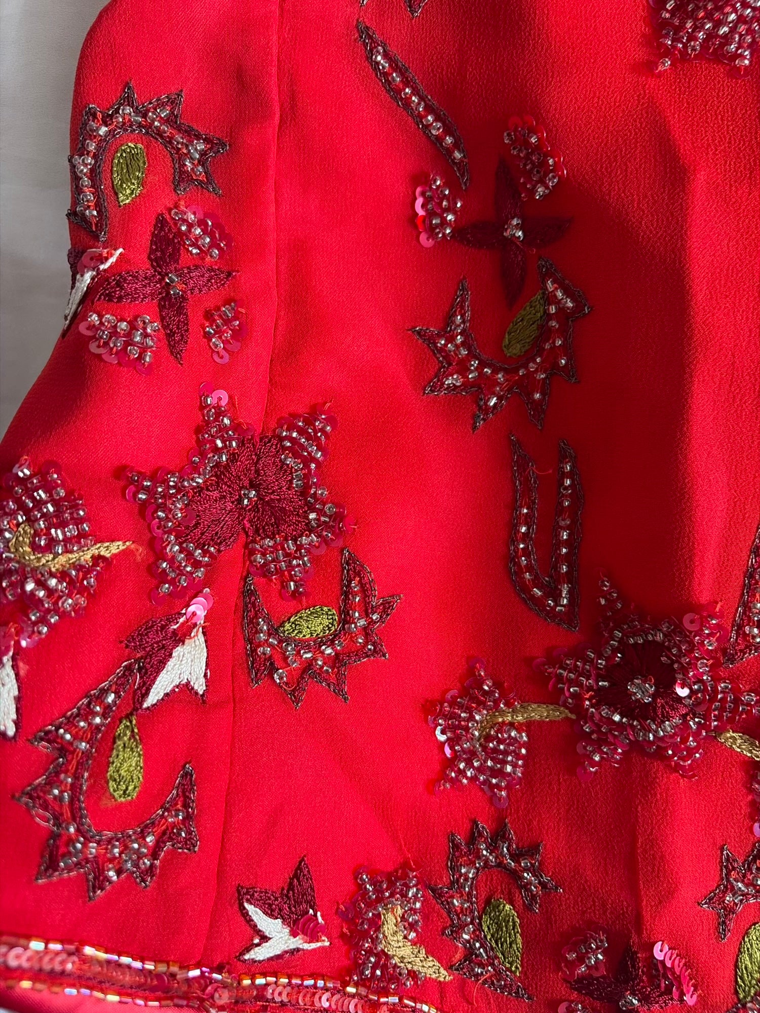 Vintage Y2K Silk Red Beaded and Sequin Basque Waist Top