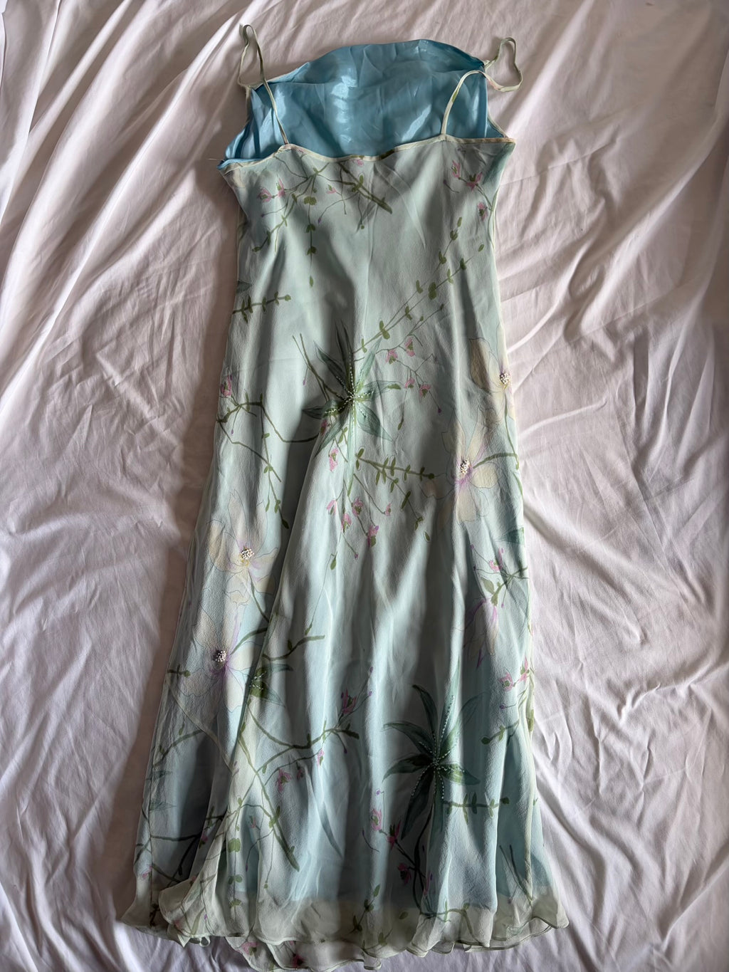 Vintage 1990s Silk Pastel Midi Dress with Florals and Beading