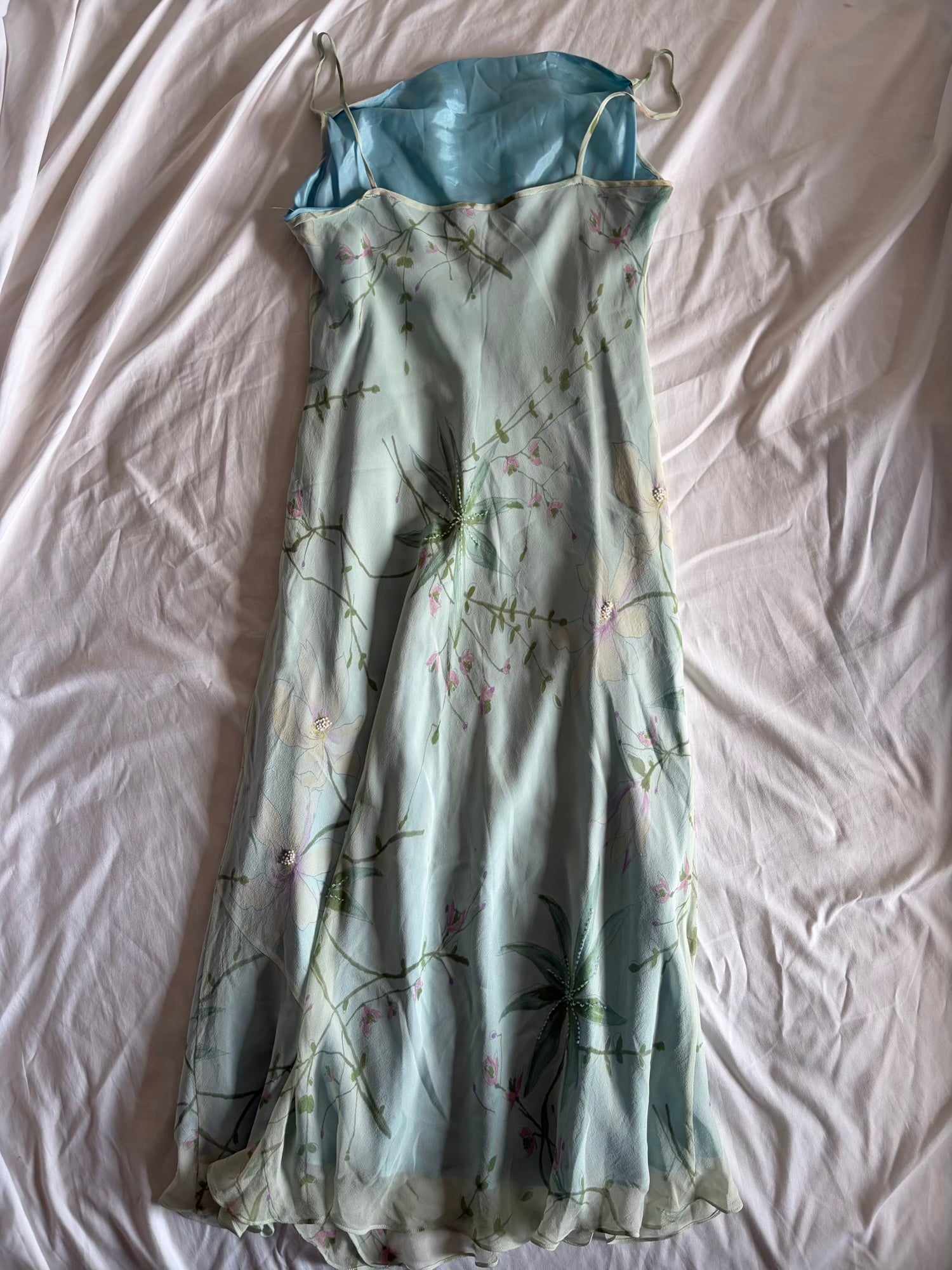 Vintage 1990s Silk Pastel Midi Dress with Florals and Beading
