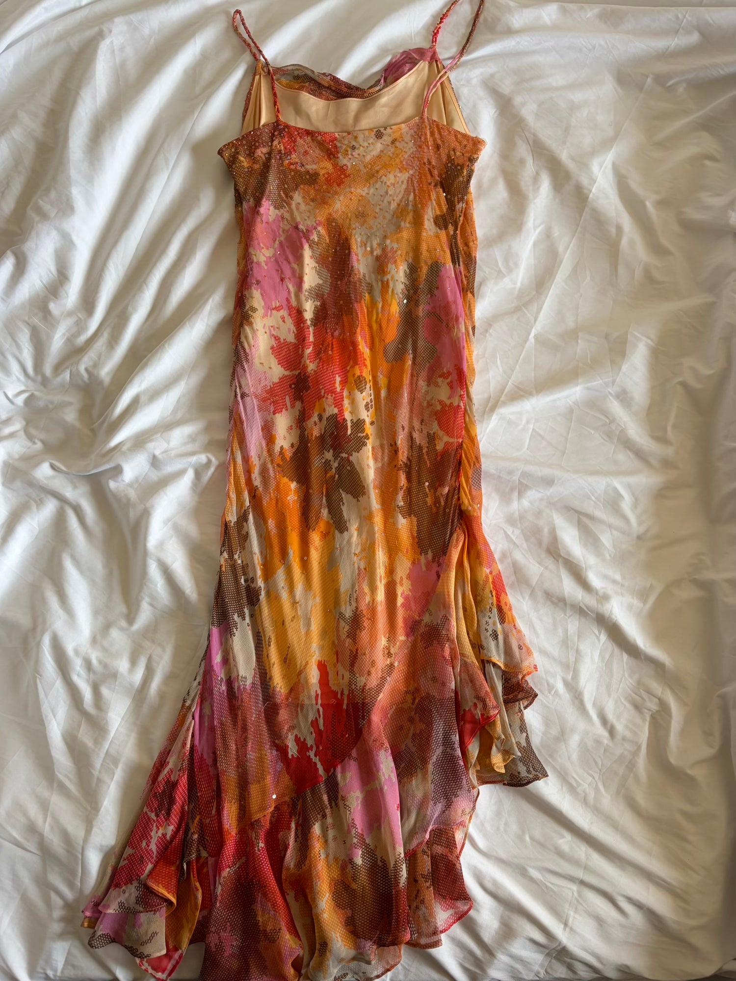 Vintage Y2K Rare Silk Asymmetrical Hem Sunset Orange, Red and Brown Midi Dress with Beads and Sequins