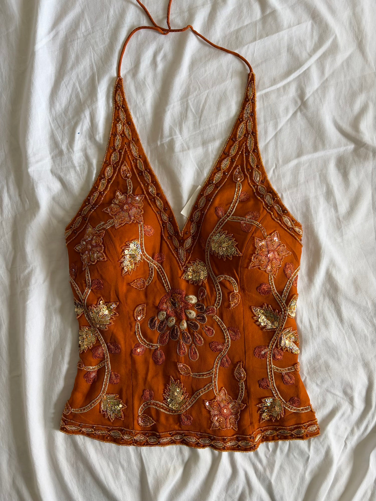 Vintage Y2K Burnt Orange Silk Beaded Corset Style Halter - Size Extra Small