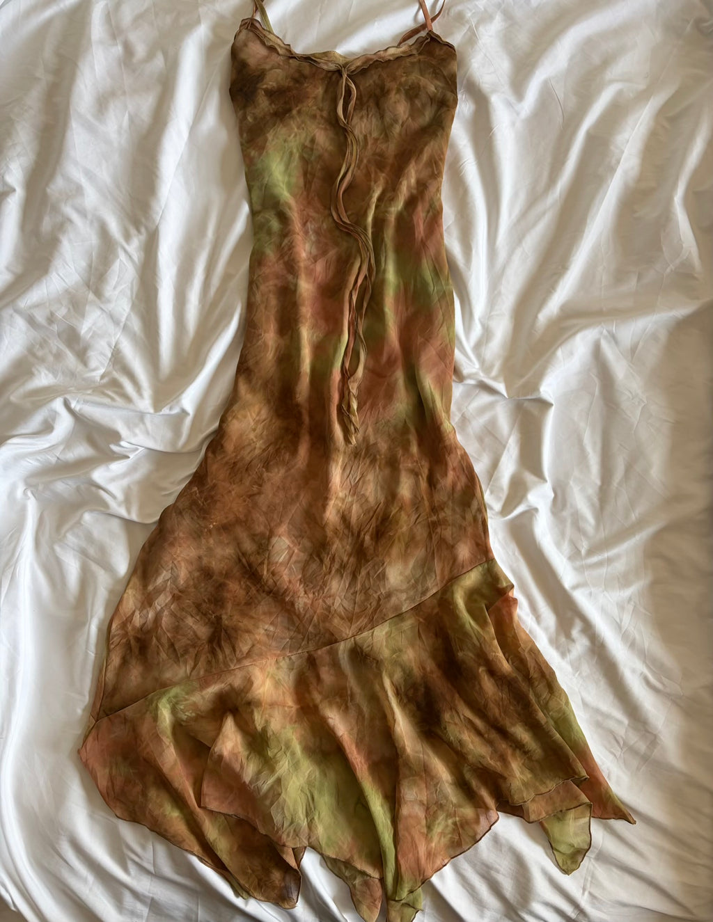 Vintage 1990s Tie Dye Asymmetrical Ruffle Hem Forest Fairy Maxi Dress