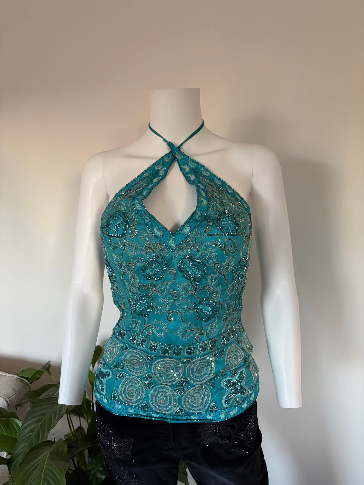 Vintage 2000s Aftershock Silk Cyan Blue Beaded Corset-Style Halter