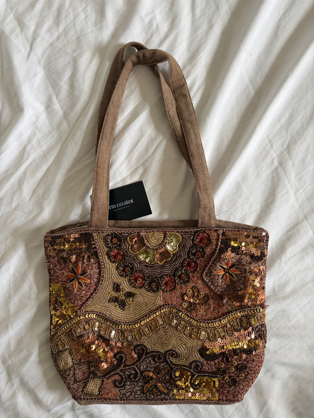 Vintage 2000s Per Una Brown Embroidered Sequin Tote Bag