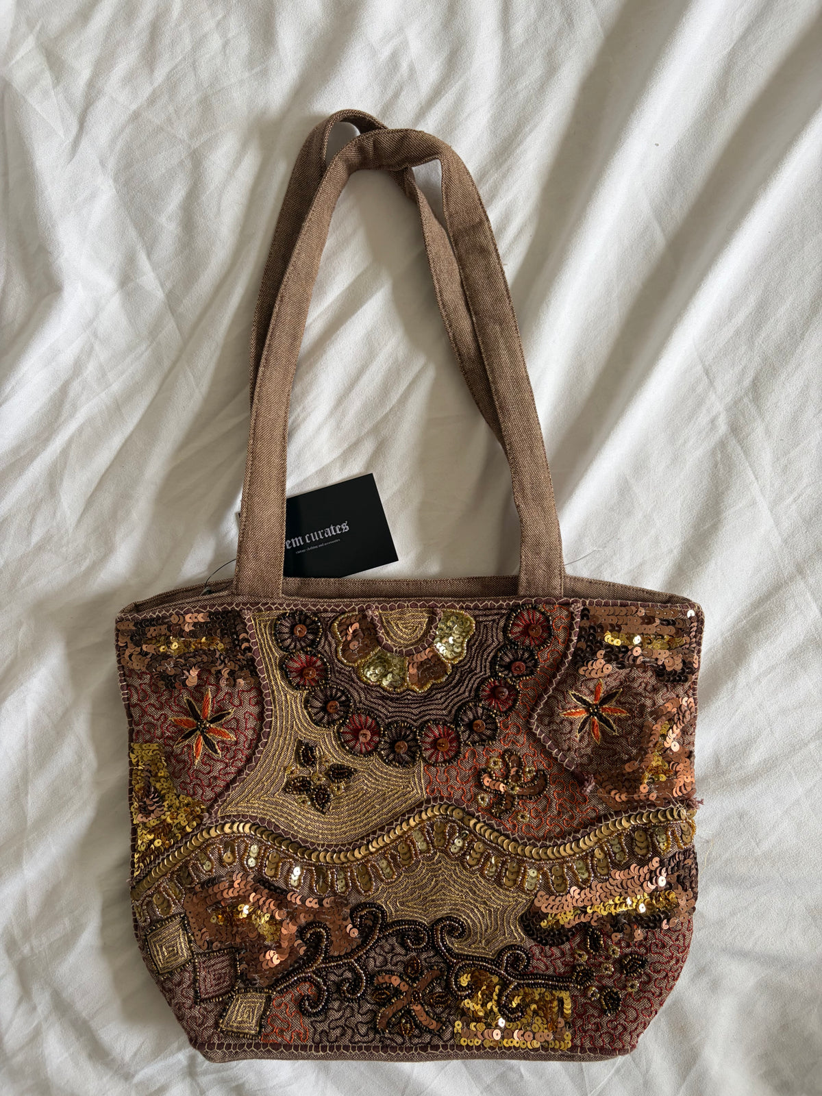 Vintage 2000s Per Una Brown Embroidered Sequin Tote Bag