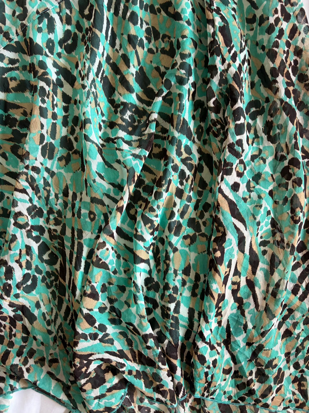 Vintage 1990s Turquoise Leopard Mermaid Hem Skirt with Champagne Contrast