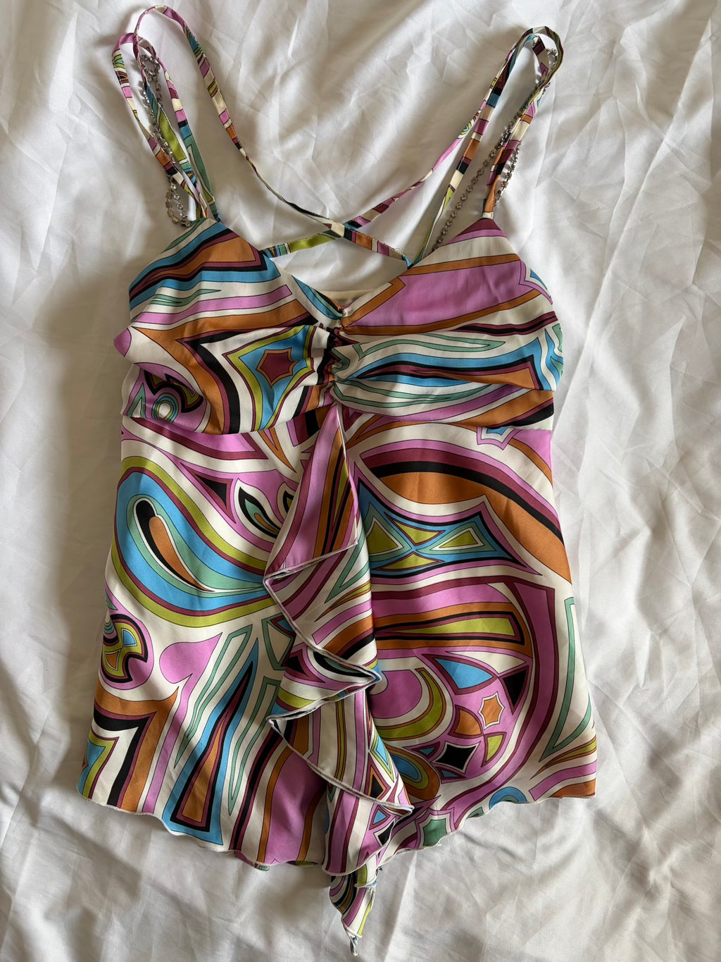 Vintage Y2K Japanese Pucci Inspired Asymmetrical Hem Cami with Diamonte Straps