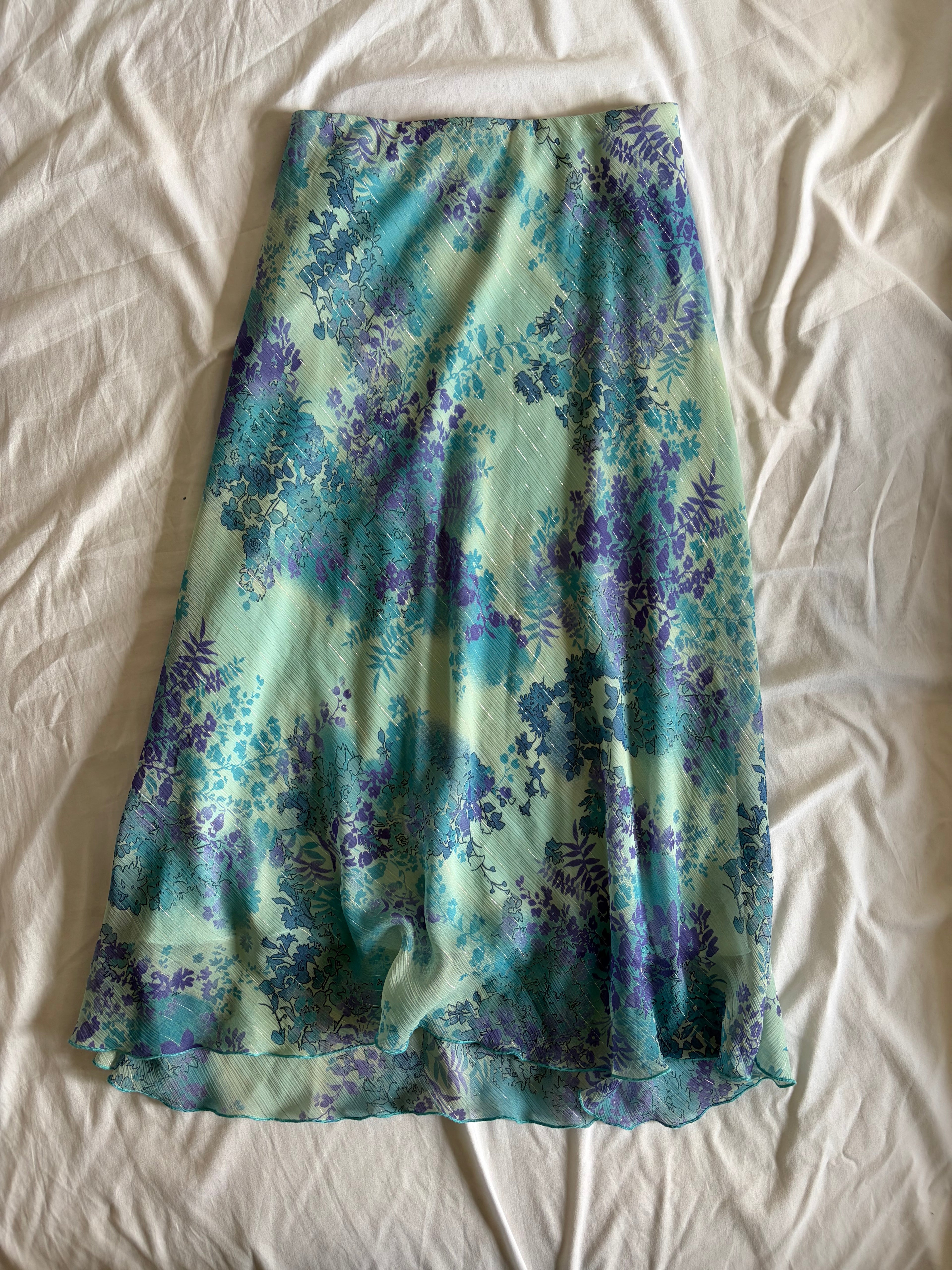 Vintage Y2K Blue Floral Floaty Fairy Sparkly Midi Skirt