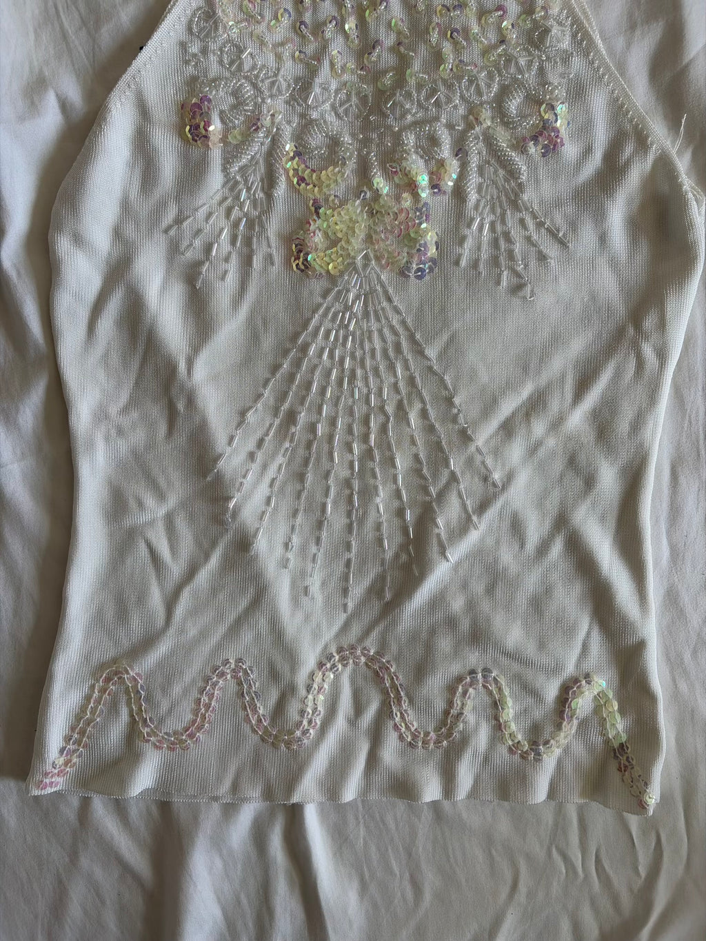 Vintage Y2K Cream Knit Halterneck Cami with Heavy Beading and Iridescent Sequins