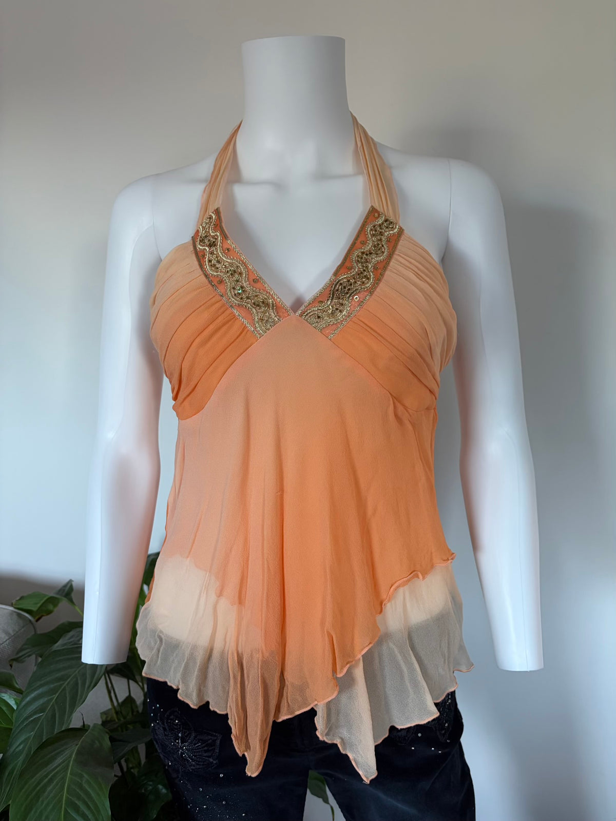 Vintage 2000s Silk Sunset Orange Asymmetrical Hem Halter with Beads and Sequins