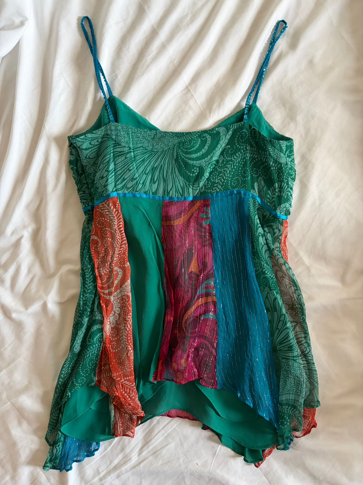 Vintage 2000s Silk Patchwork Handkerchief Hem Cami with Sequins and Beaded Straps