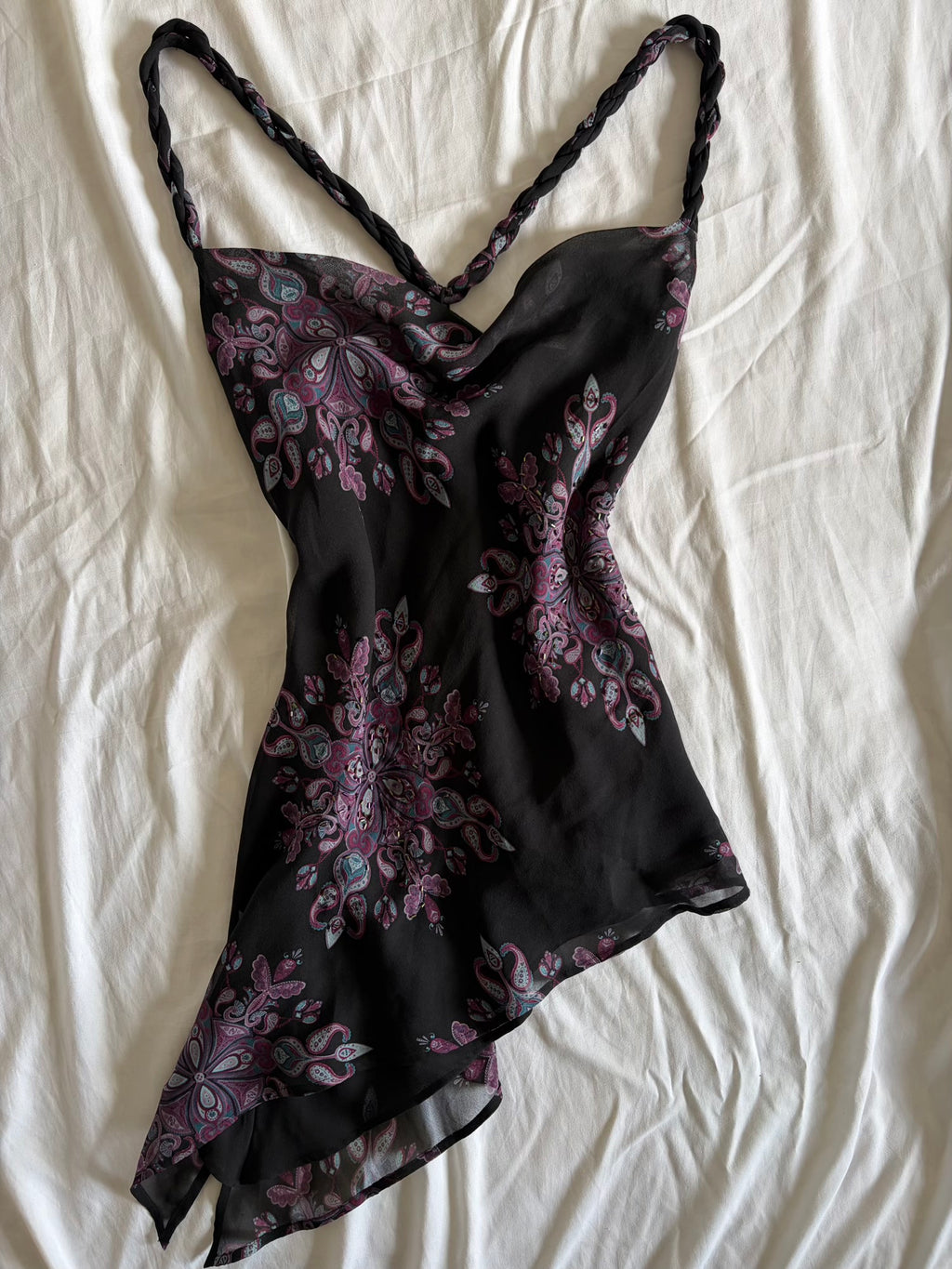 Vintage 1990s Gharani Strok Silk Whimsy Asymmetrical Hem Top with Braided Straps and Beads