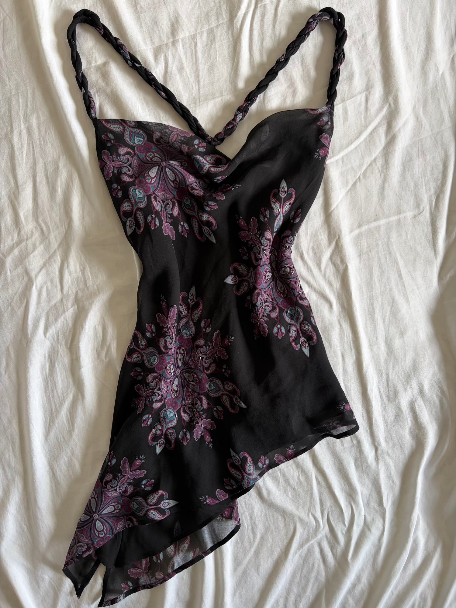 Vintage 1990s Gharani Strok Silk Whimsy Asymmetrical Hem Top with Braided Straps and Beads