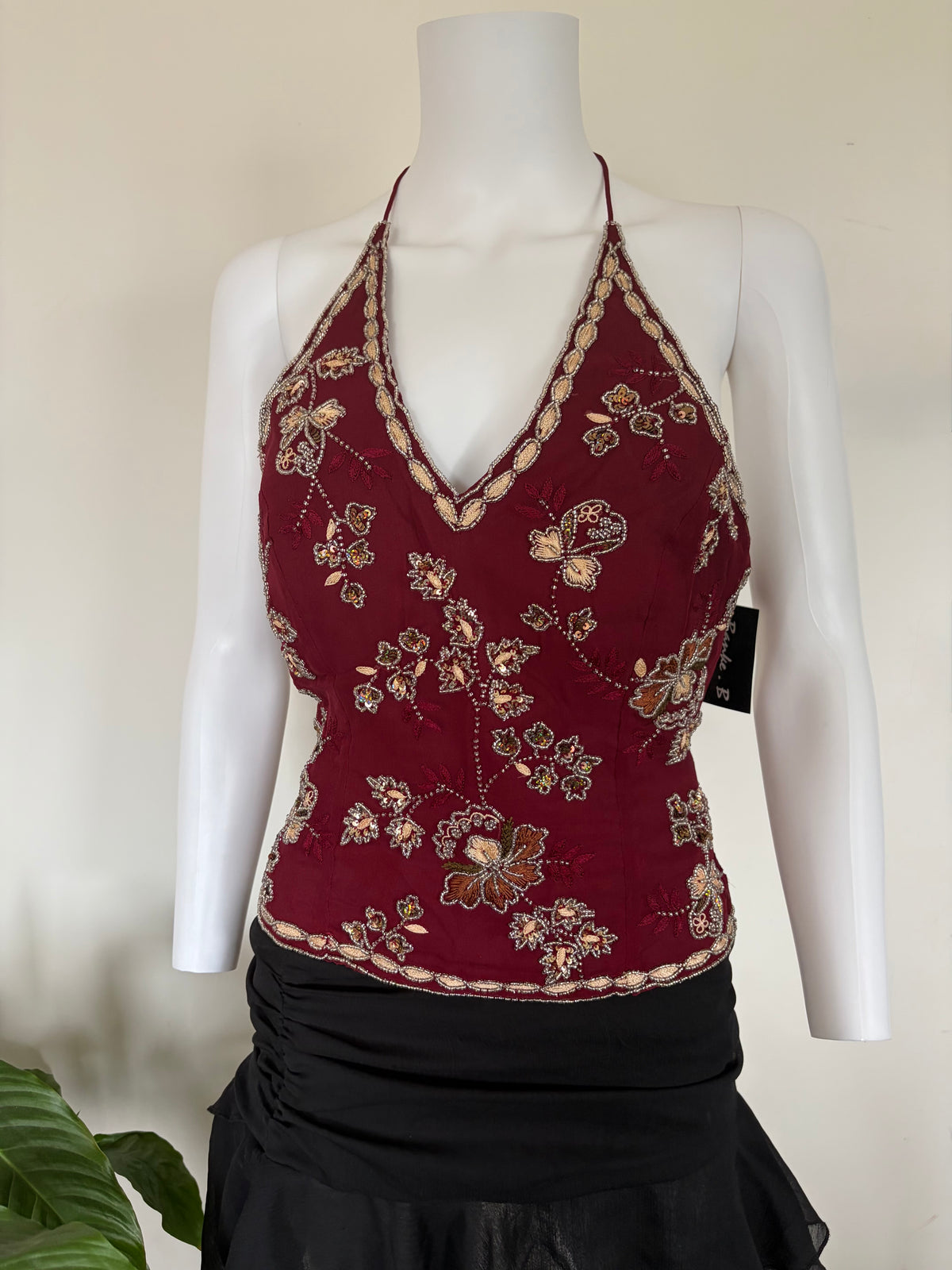 Vintage 2000s Banke B Silk Burgundy Gold Sequin and Beaded Corset Halter, UK 6–8