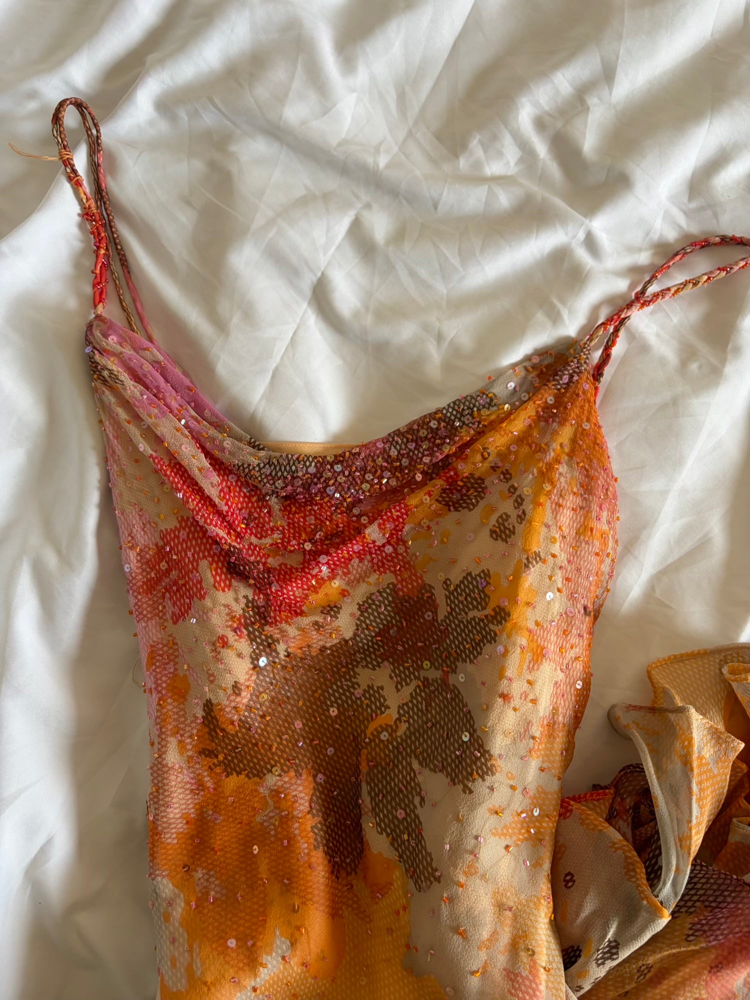Vintage Y2K Rare Silk Asymmetrical Hem Sunset Orange, Red and Brown Midi Dress with Beads and Sequins
