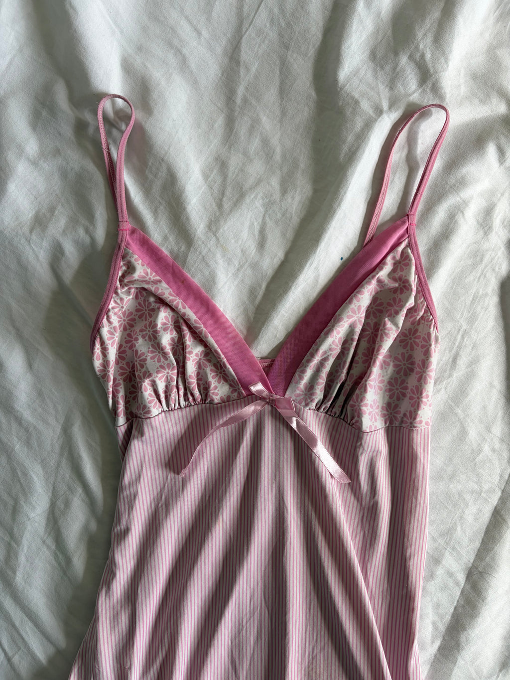 Vintage 2000s Pink Pinstripe and Floral Mini with Mesh Ruffle Hem