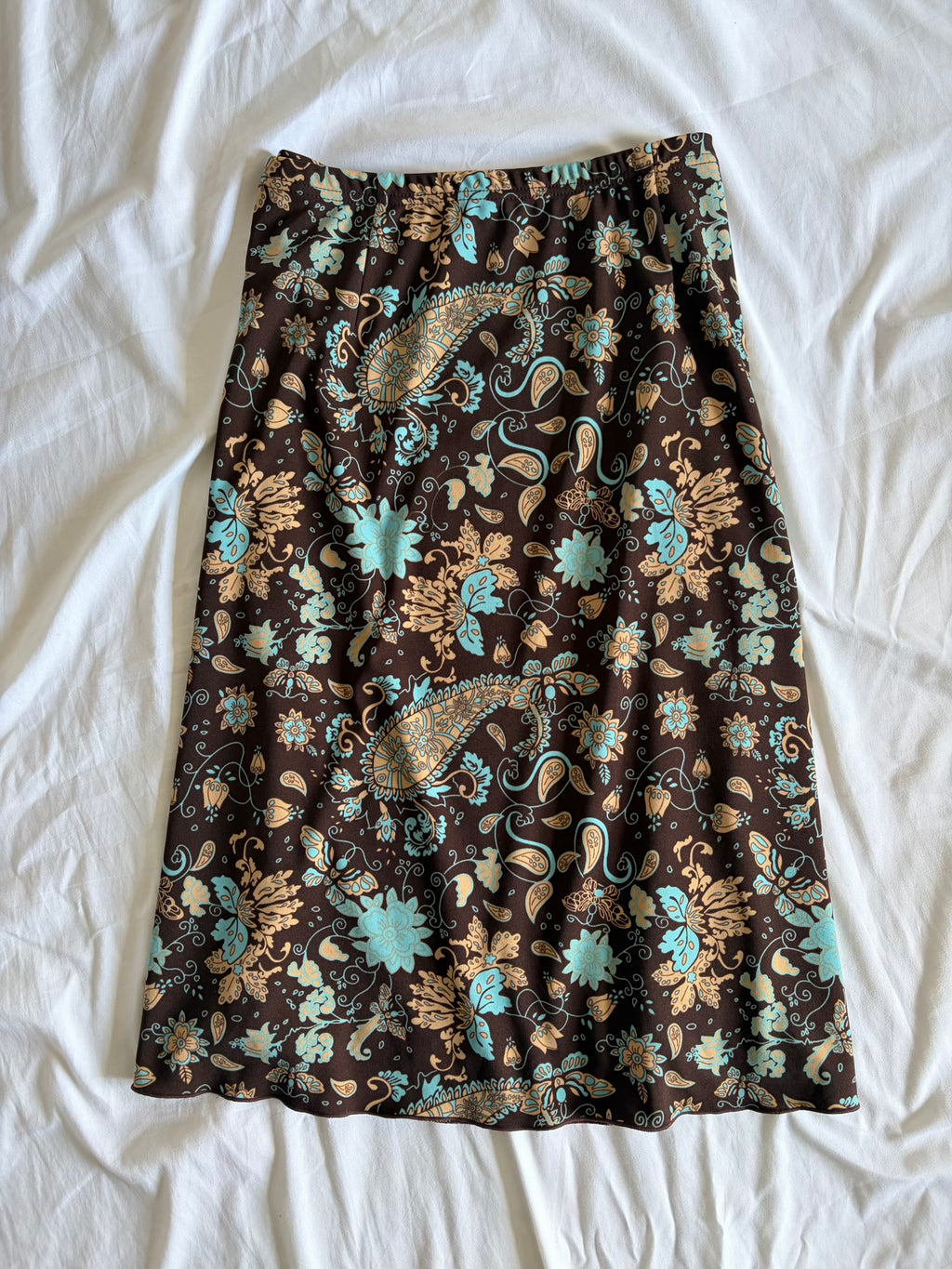 Vintage Y2K Brown and Turquoise Paisley Midi Skirt