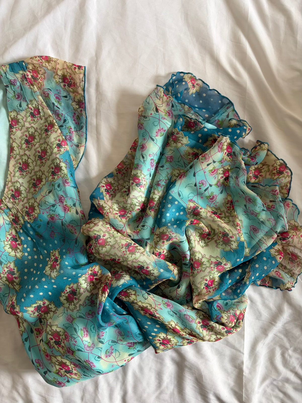 Vintage 1990s Silk Patchwork Polka Dot and Floral Floaty Dress