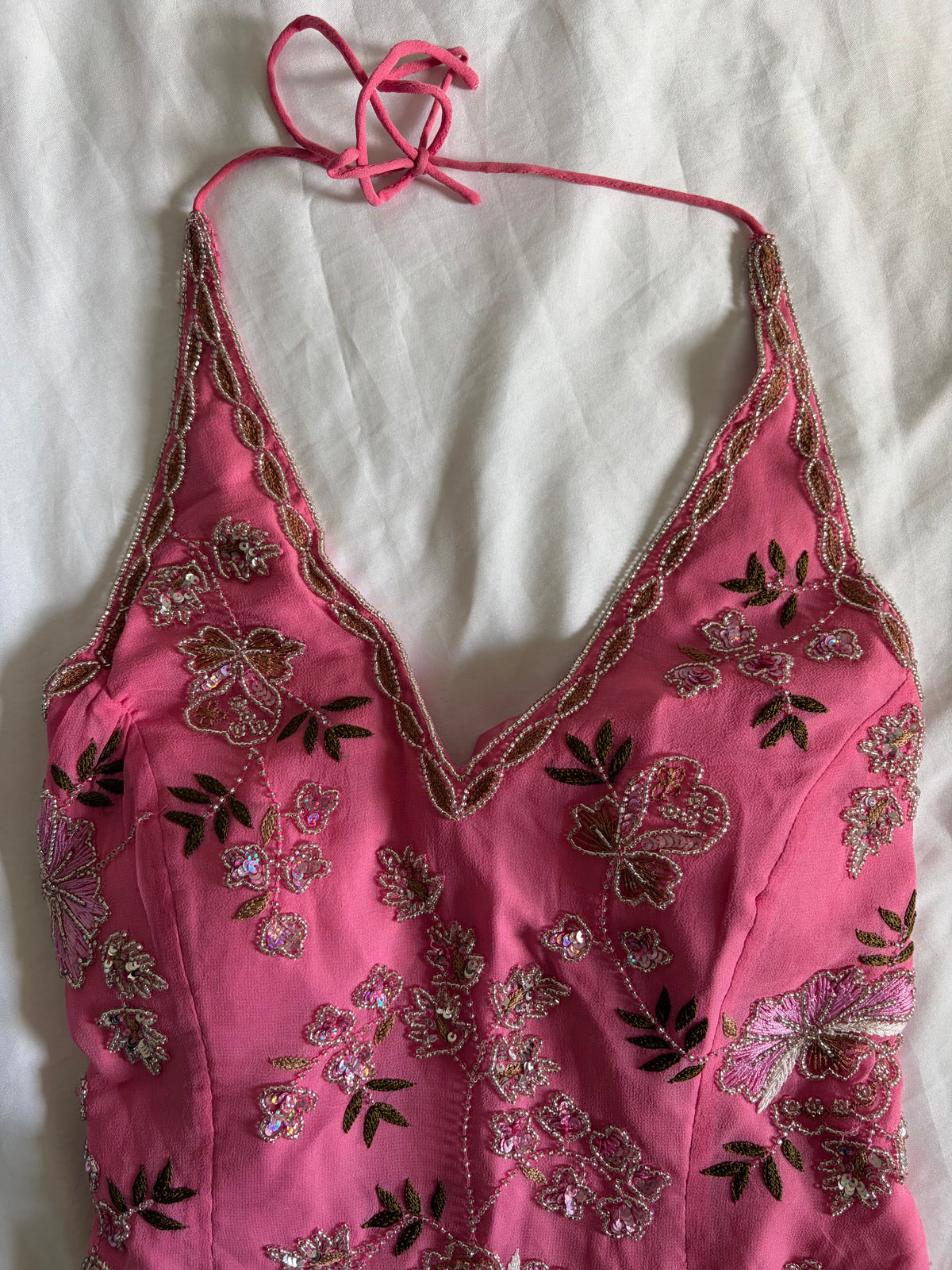 Vintage 2000s Banke B Silk Pink Sequin and Beaded Corset Halter, UK 10–12
