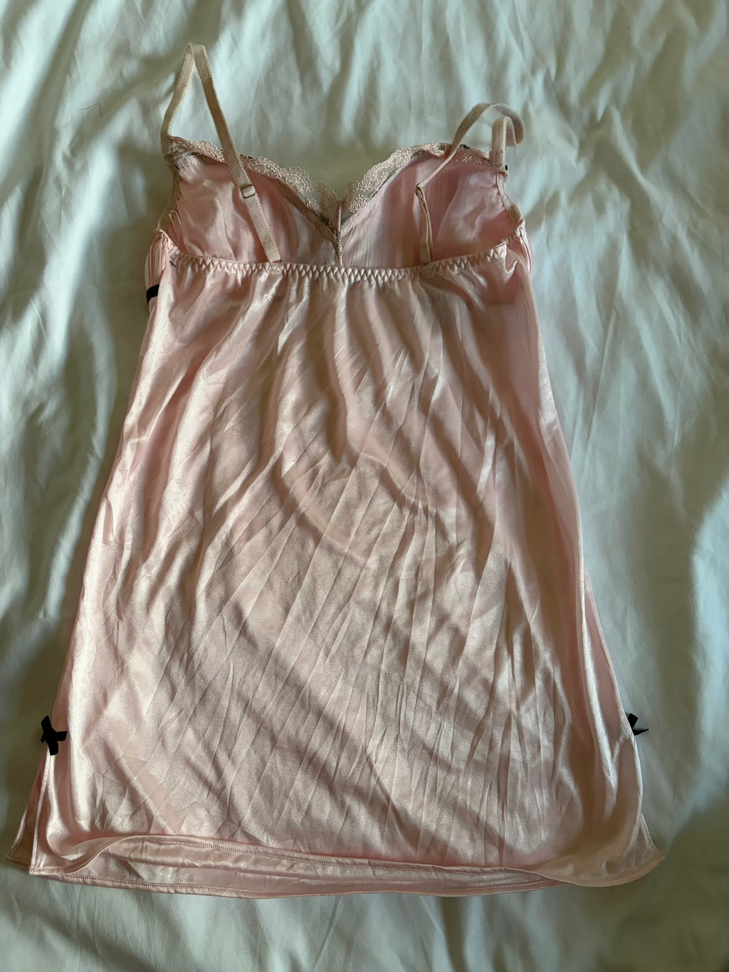 Vintage Y2K Japanese baby pink and satin babydoll style cami with black details and ribbon