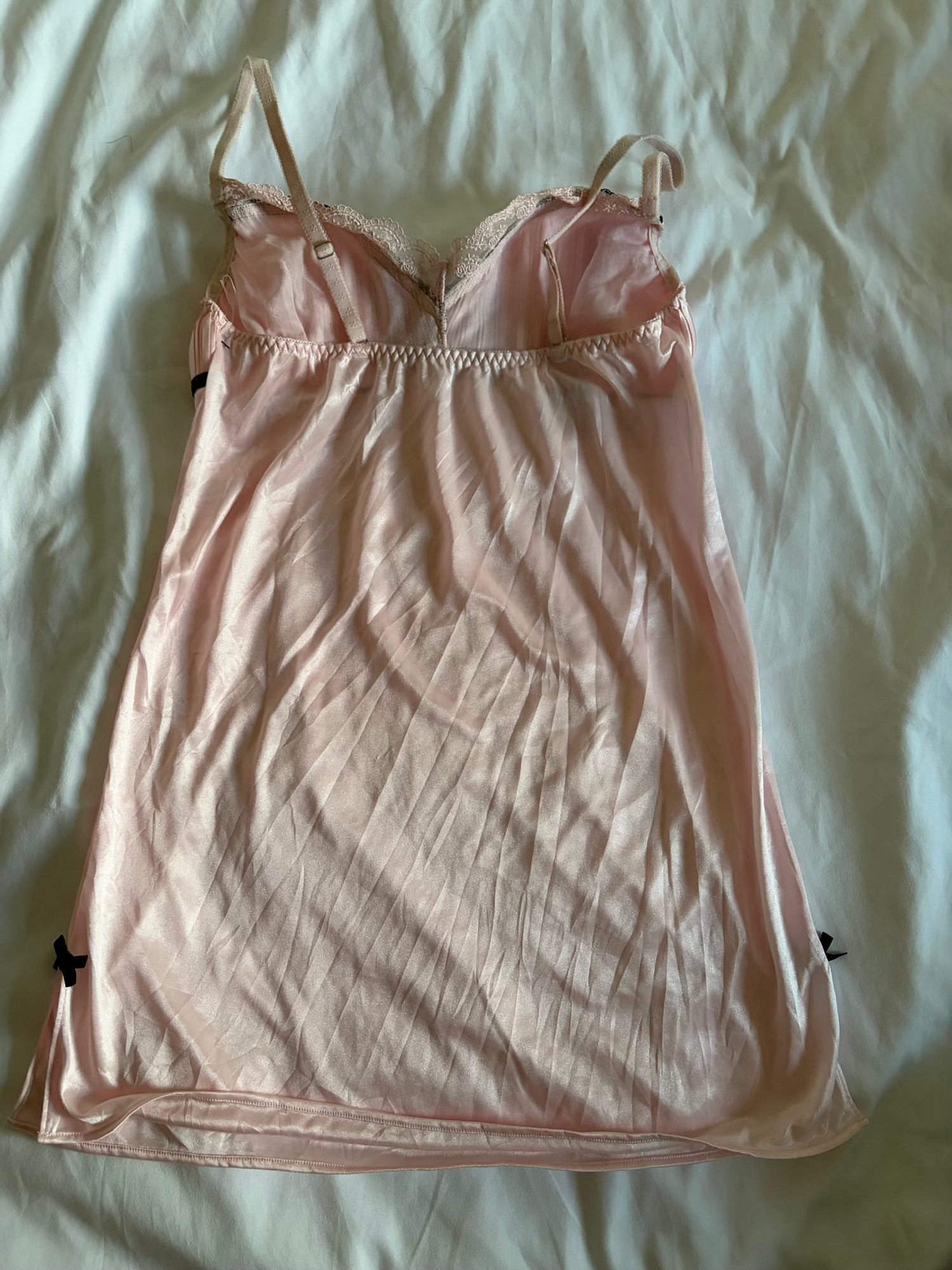 Vintage Y2K Japanese baby pink and satin babydoll style cami with black details and ribbon