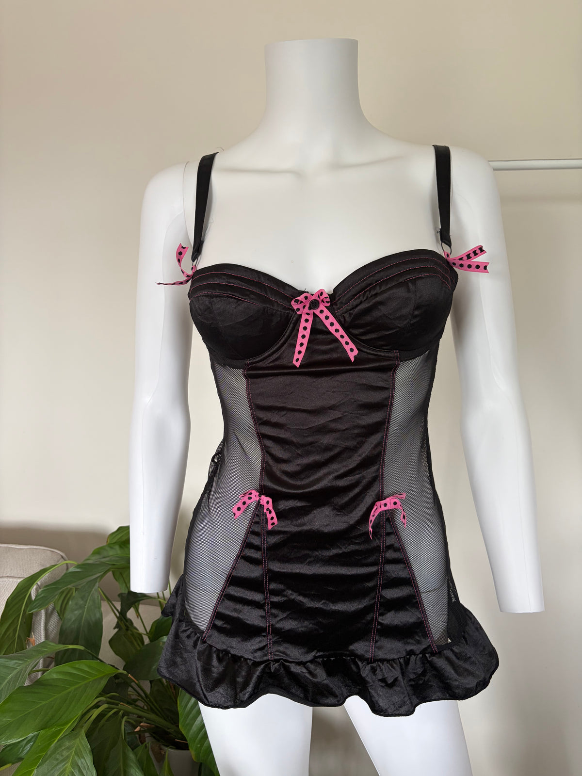 Vintage 2000s Black Babydoll with Hot Pink Contrast and Polka Dot Bows