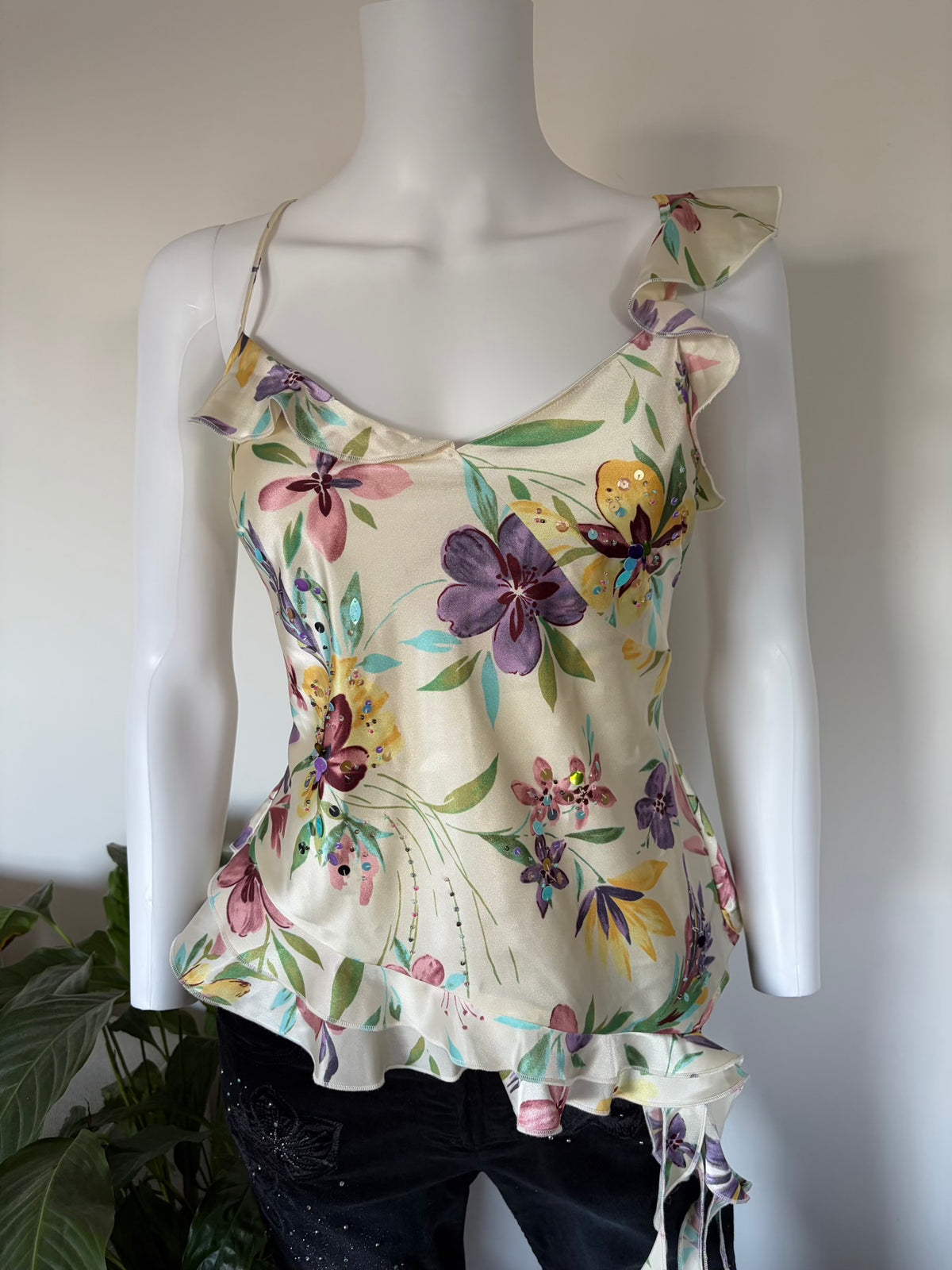 Vintage 1990s Floral Asymmetrical Hem Cami with Sequins and Frilly Hem