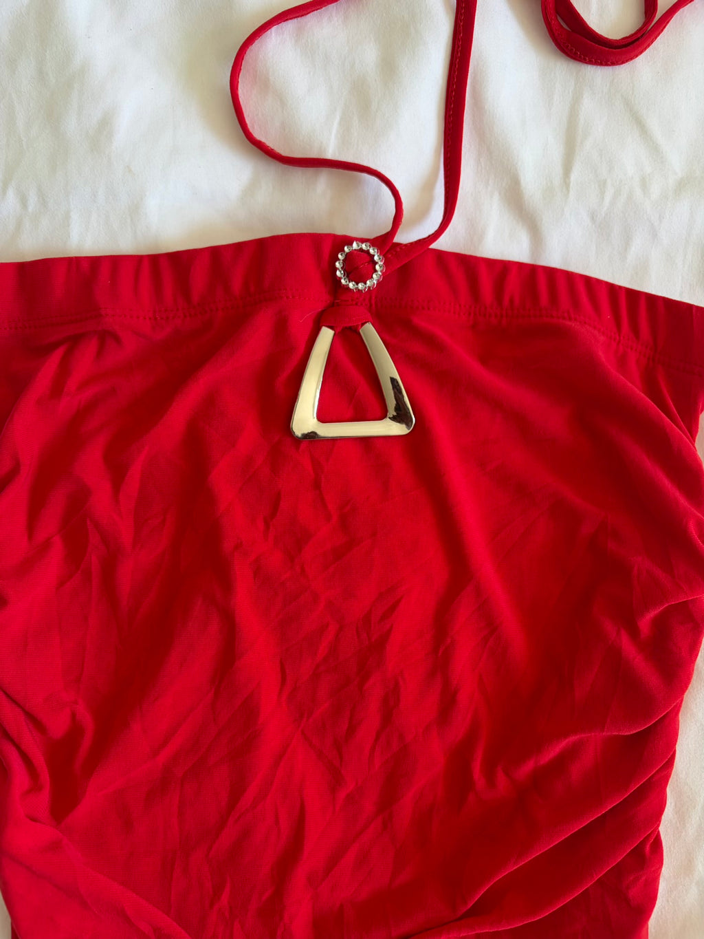 Vintage Y2K French red bandeau top with asymmetrical hem and diamonte detail with side ruching