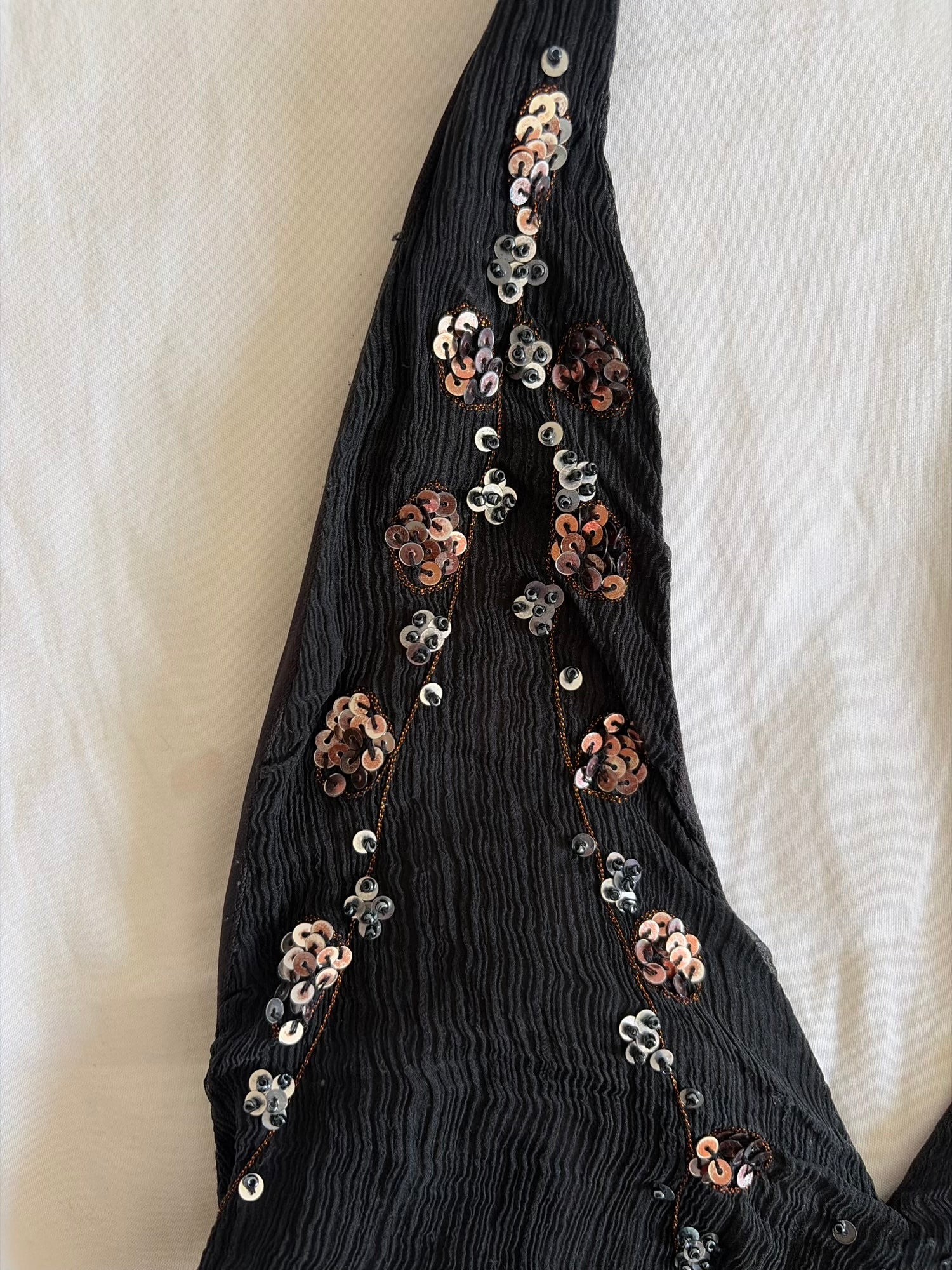 Vintage 1990s Black Floaty Silk Halterneck with Sequins and Beads