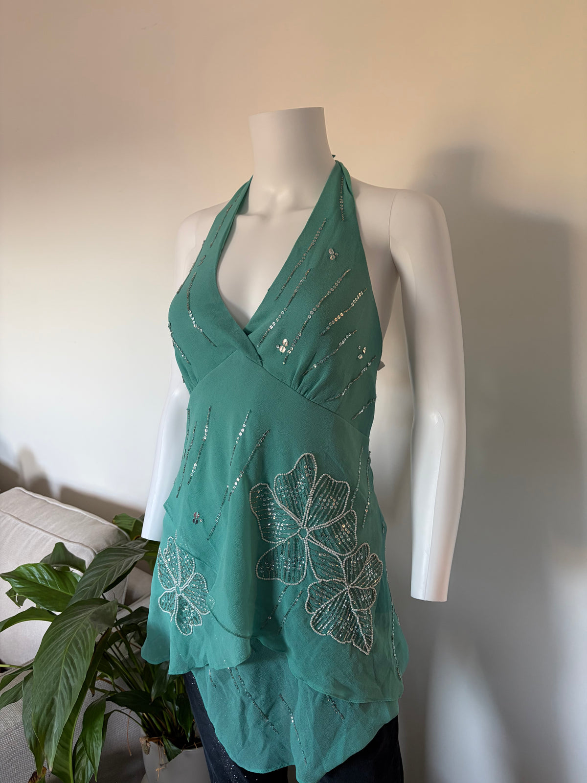 Vintage 2000s Kaleidoscope Turquoise Beaded Sequin Halterneck Cami