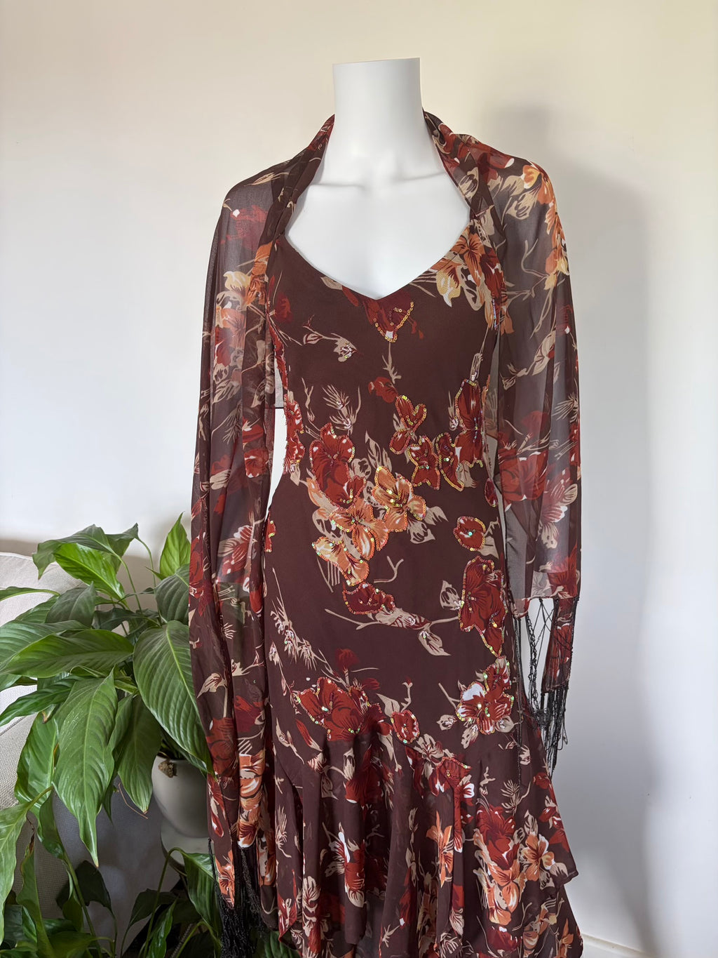 Vintage 2000s Brown Asymmetrical Hem Dress with Beads, Sequins and Matching Scarf