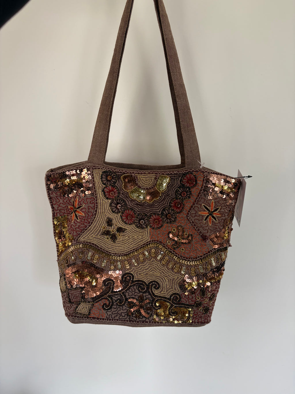 Vintage 2000s Per Una Brown Embroidered Sequin Tote Bag