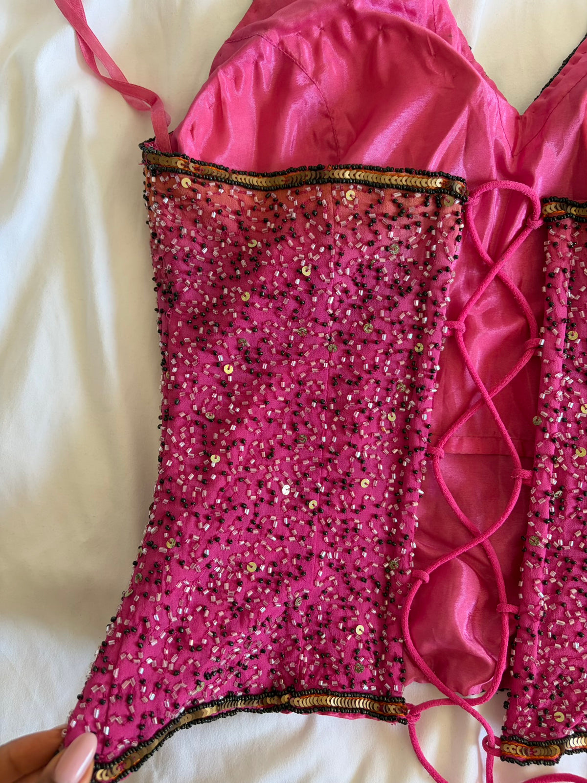 Vintage Y2K Aftershock pink and orange ombre sunset silk halterneck corset style cami