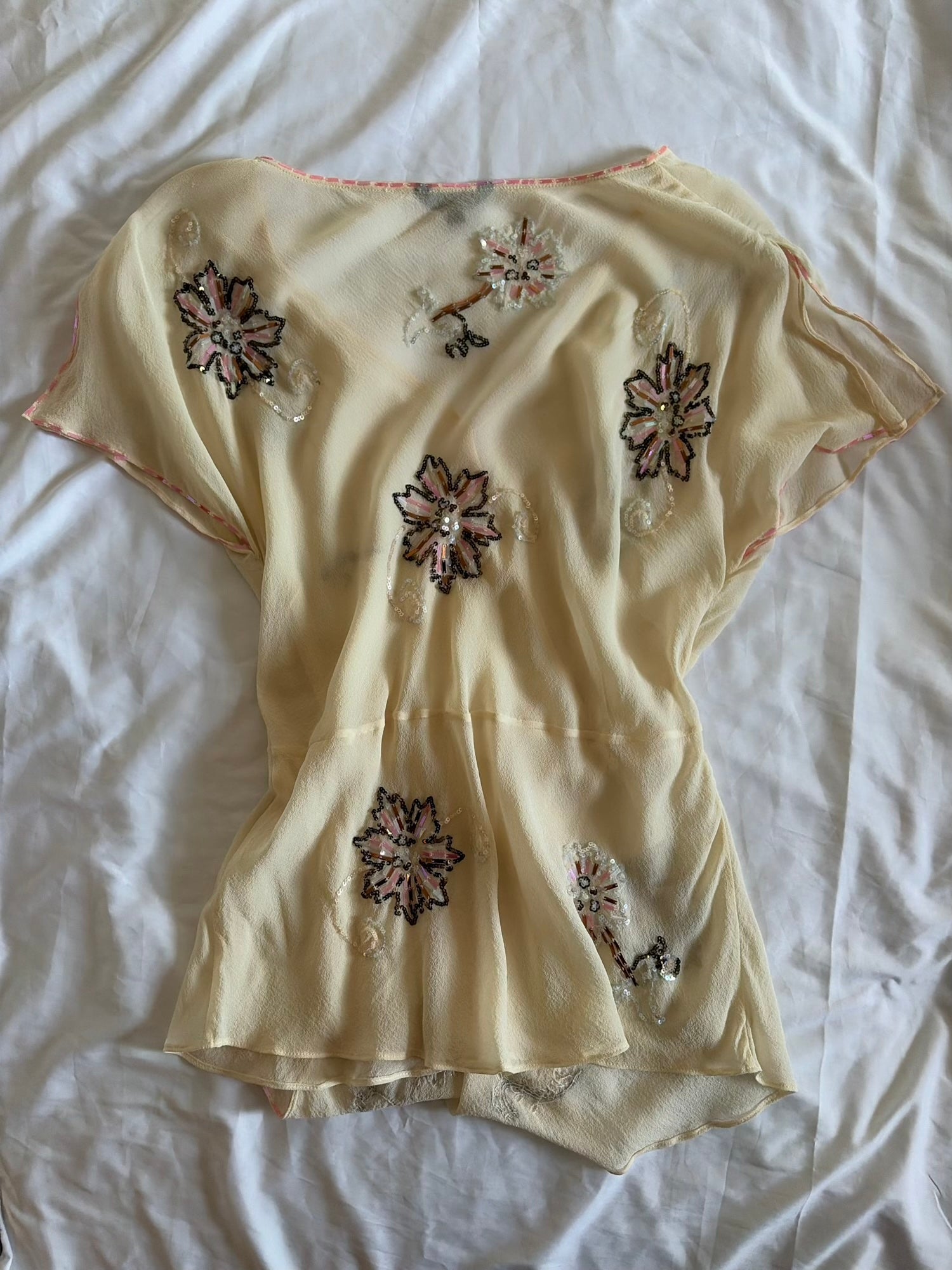 Vintage Y2K Cream Silk Asymmetrical Hem Wrap Blouse with Sequins and Beads