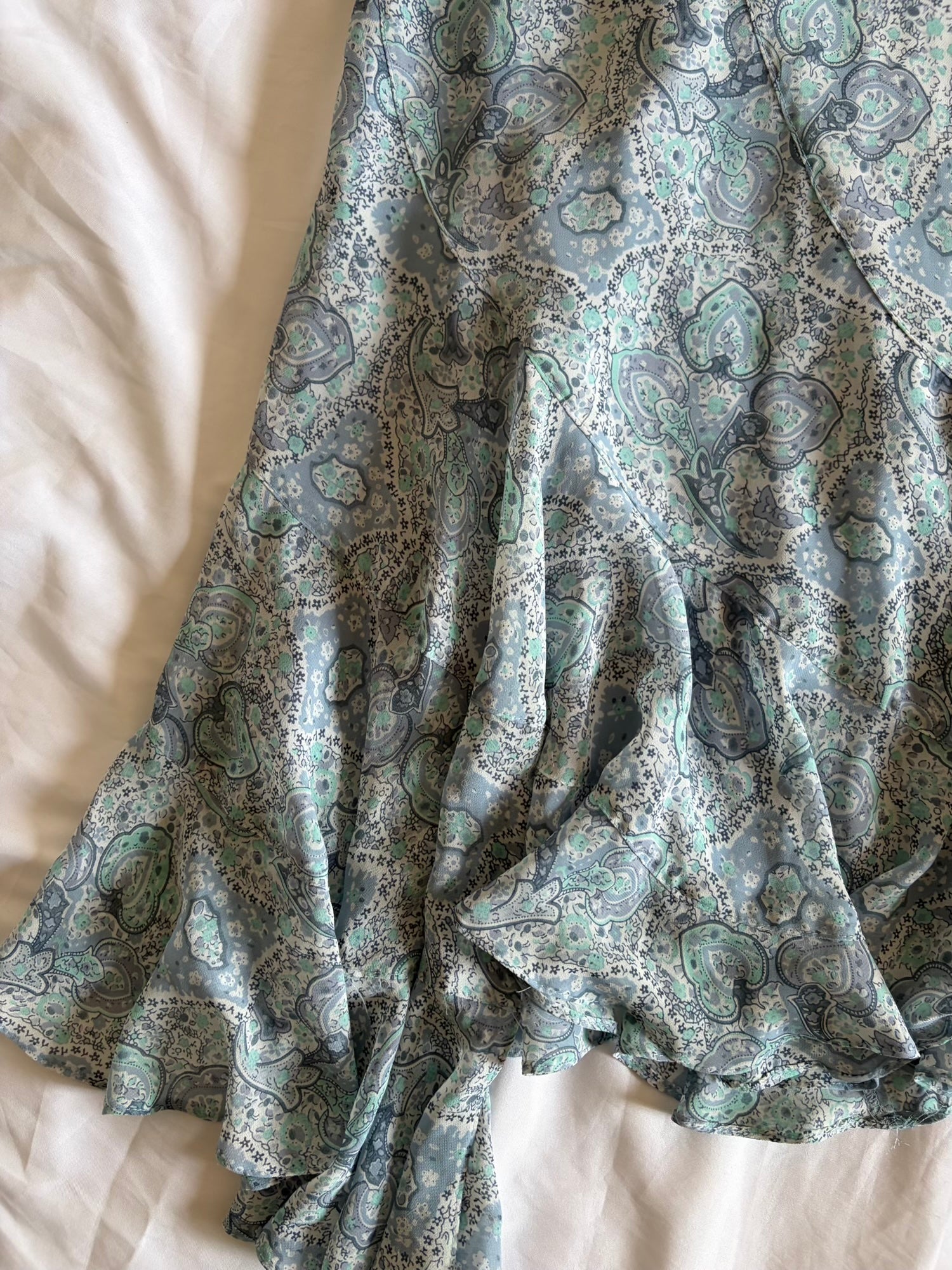 Vintage 1990s Italian Blue Paisley Asymmetrical Hem Midi Skirt