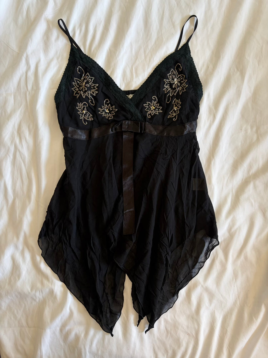 Vintage Y2K Japanese black silk handkerchief hem beaded and sequin cami