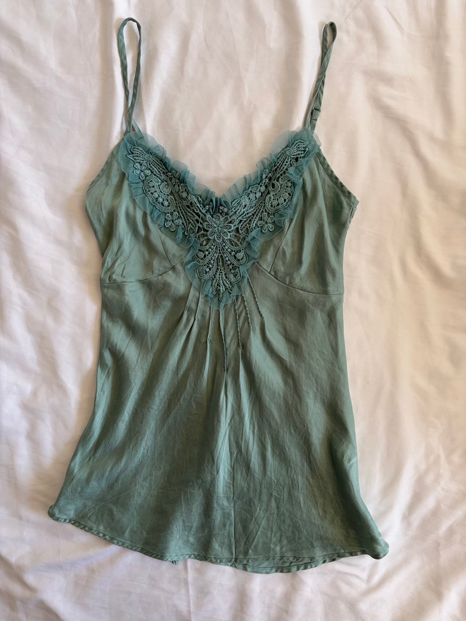 Vintage Y2K Muted Turquoise Cami with Applique and Lace
