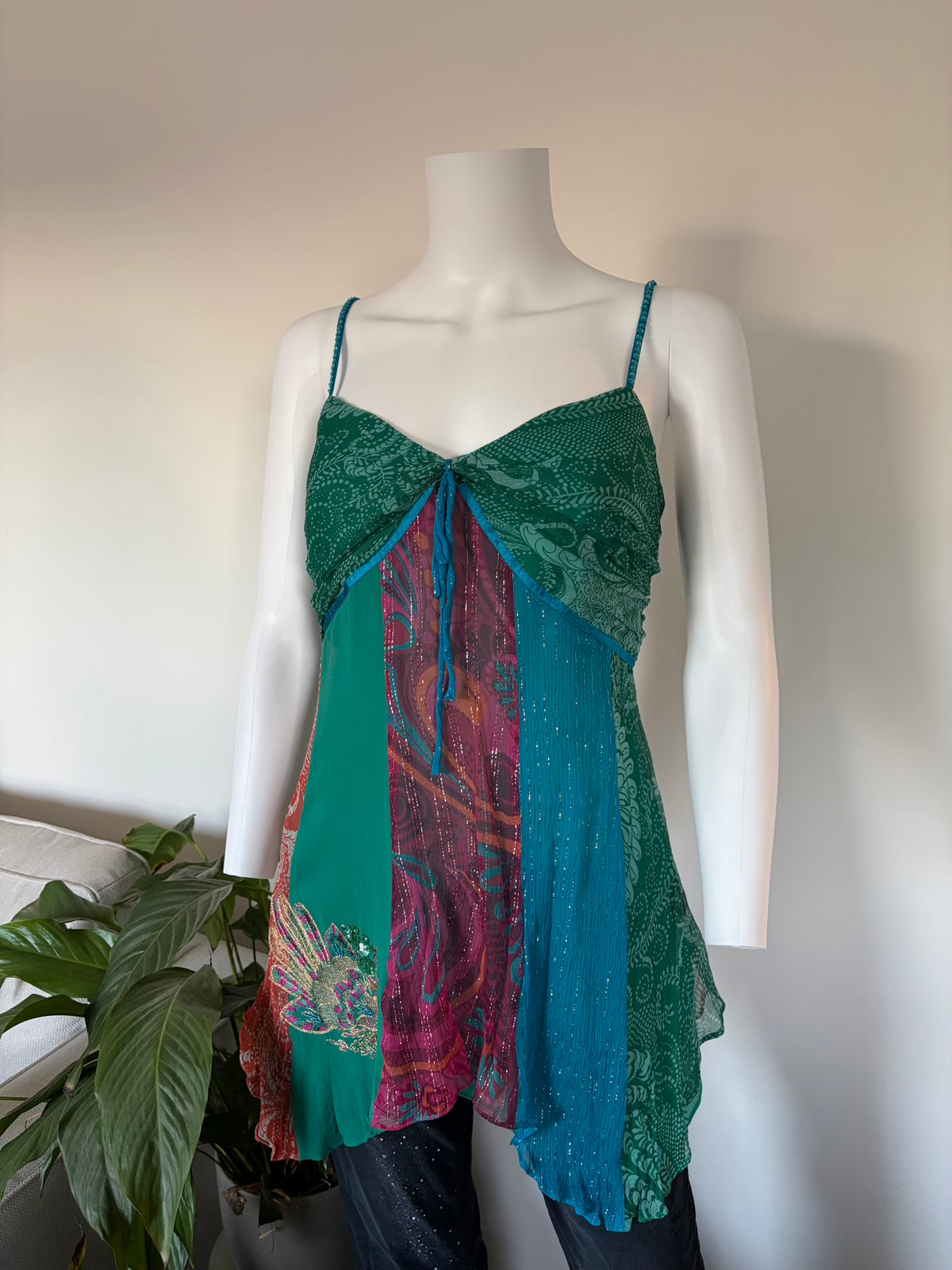 Vintage 2000s Silk Patchwork Handkerchief Hem Cami with Sequins and Beaded Straps