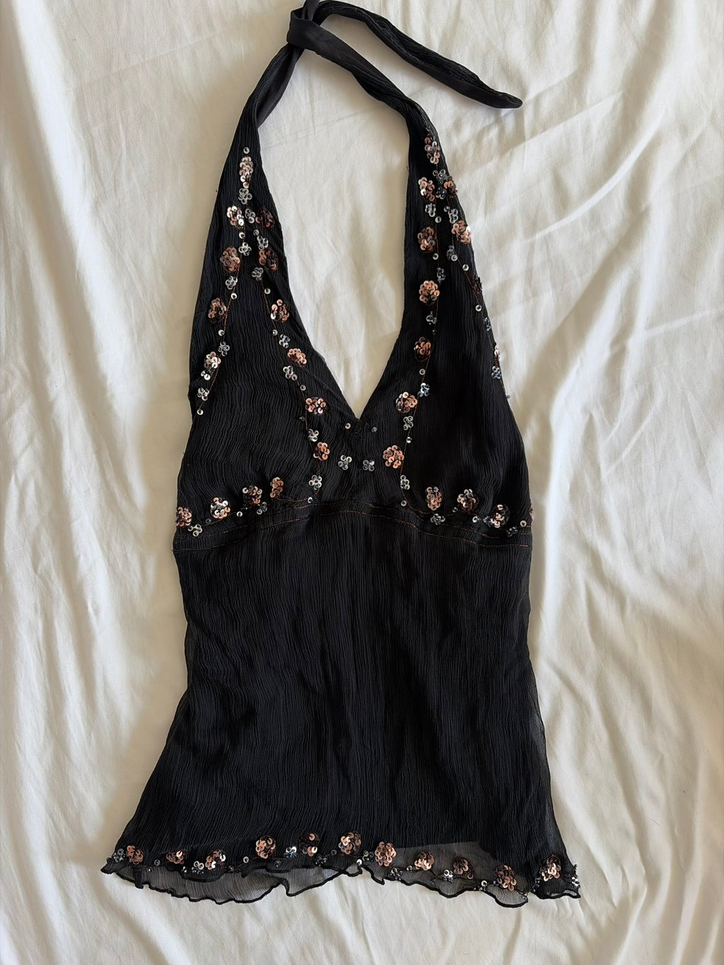 Vintage 1990s Black Floaty Silk Halterneck with Sequins and Beads