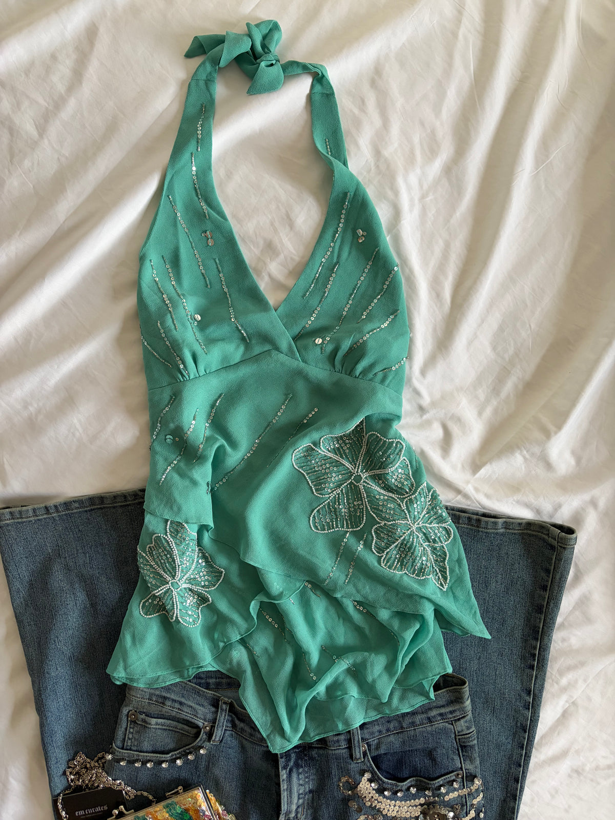 Vintage 2000s Kaleidoscope Turquoise Beaded Sequin Halterneck Cami