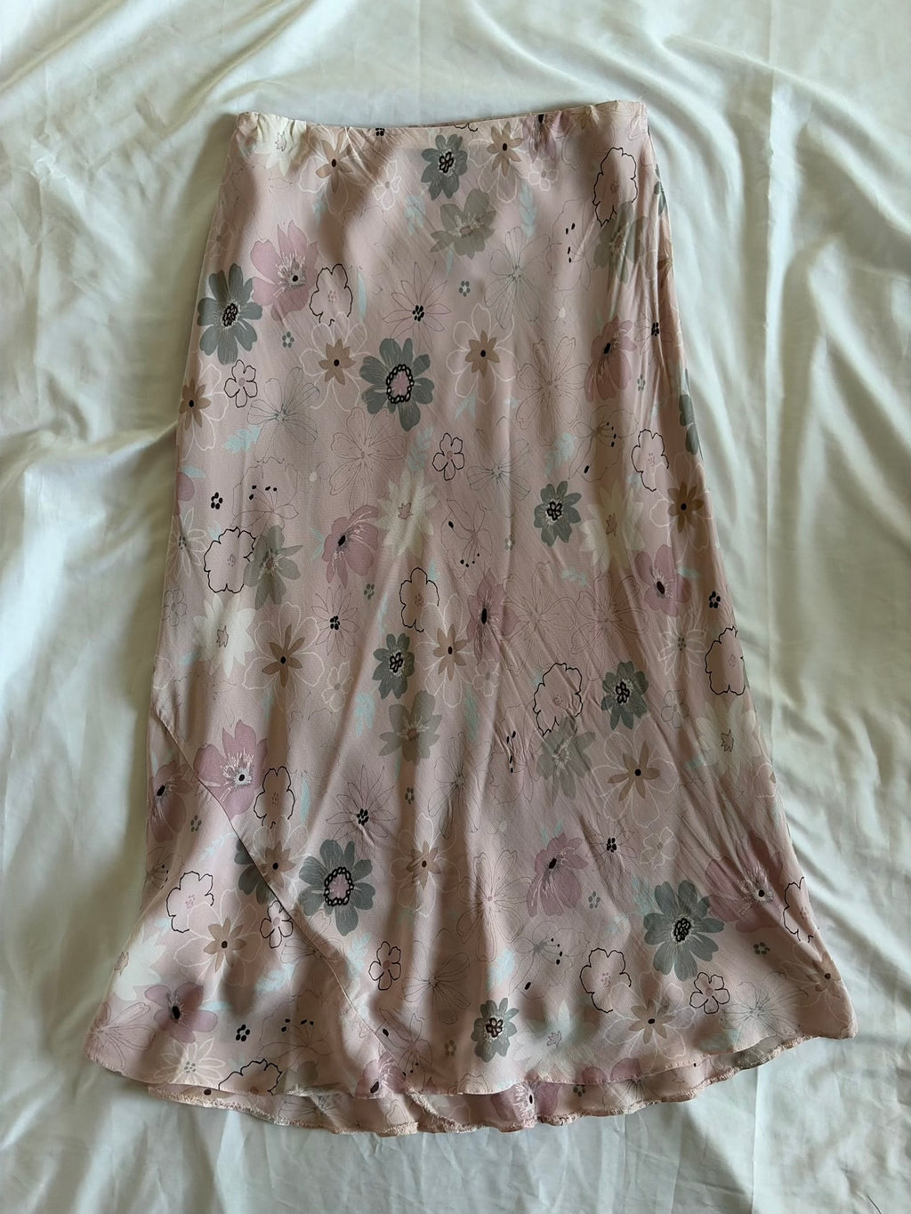 Vintage 1990s Rose Pink and Grey Floral Floaty Midi Skirt