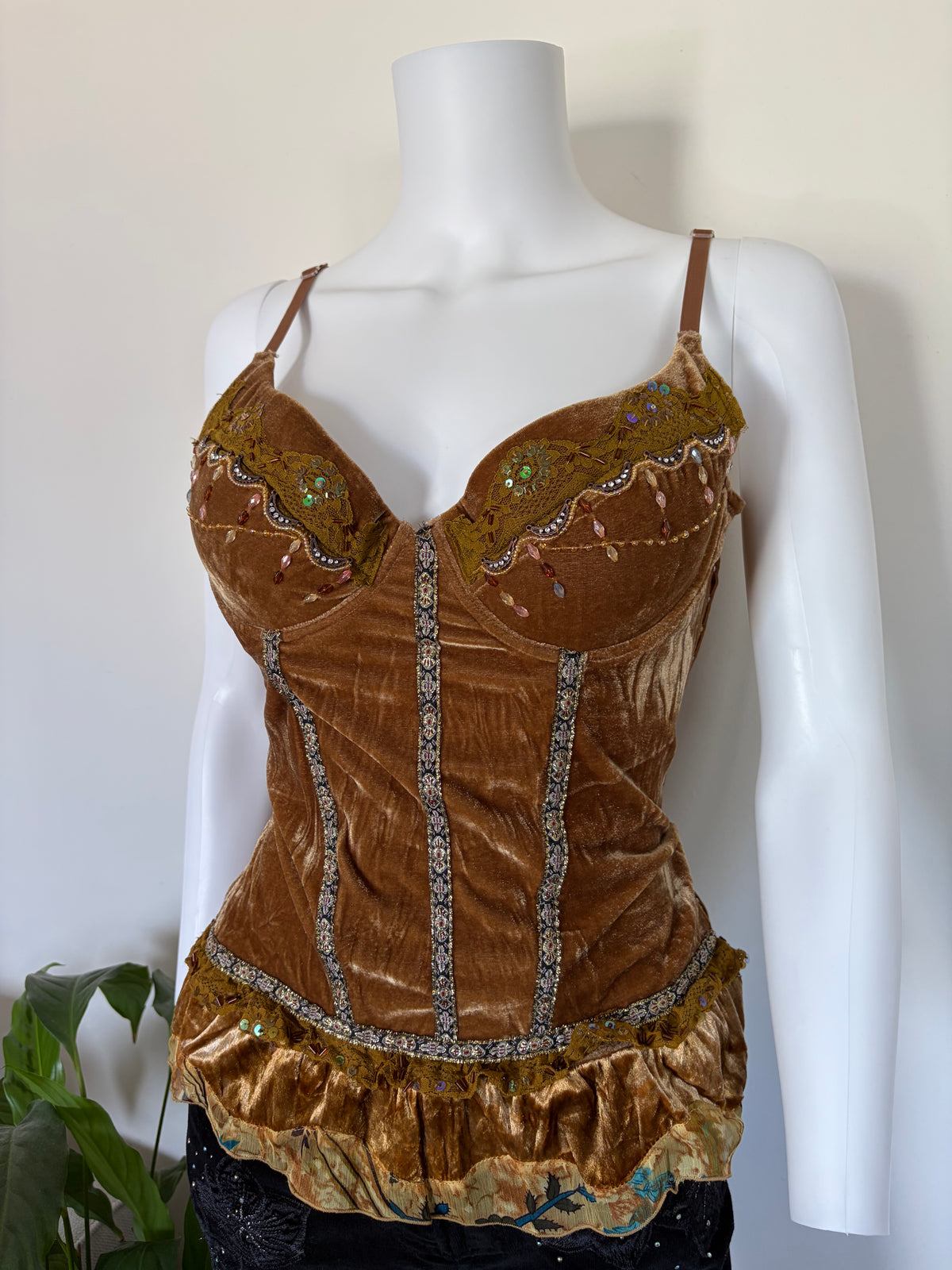 Vintage 1990s Lov3e French Champagne Whimsy Sequin Corset Top, UK 12–14